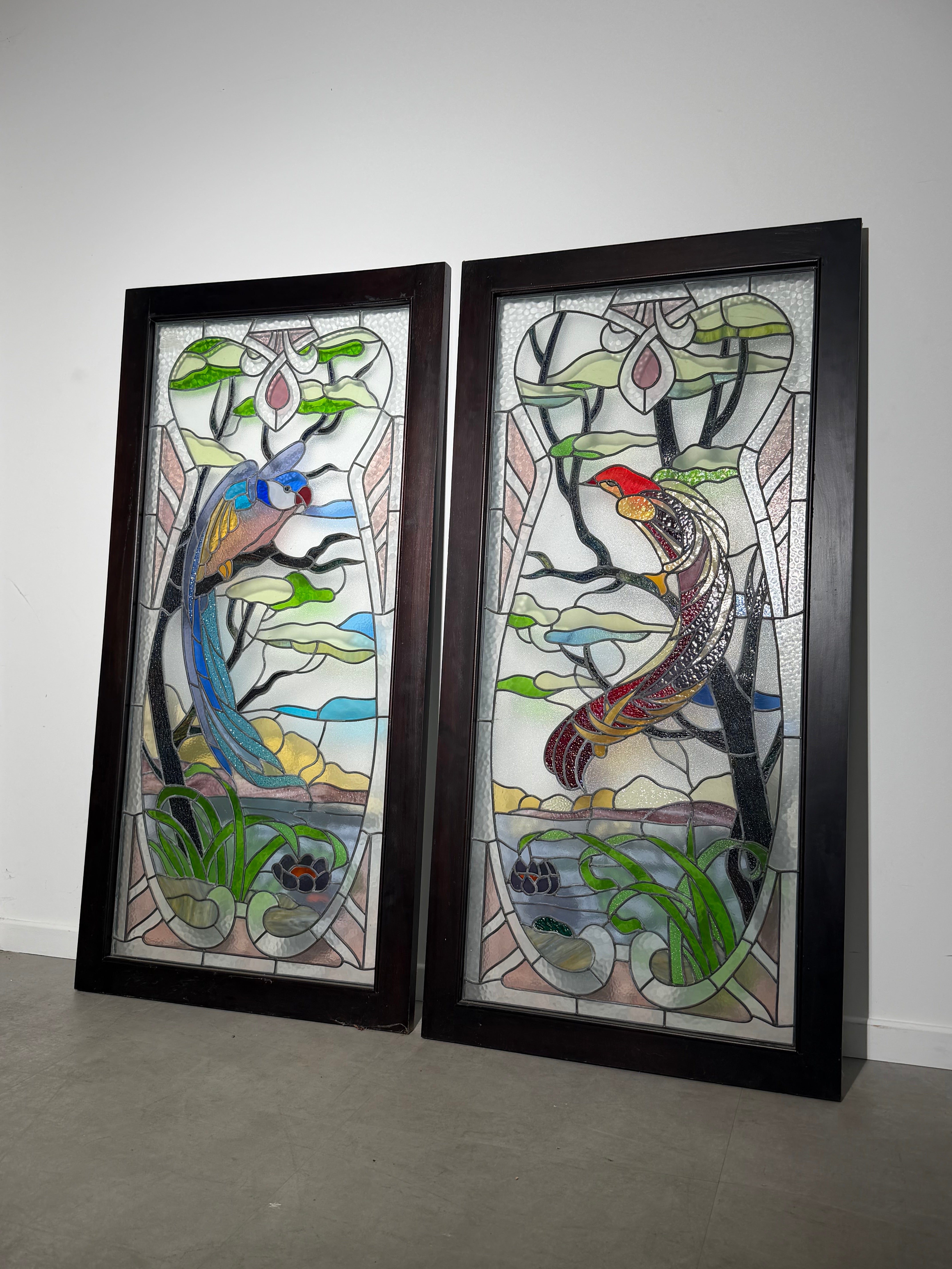Pair of Antique Stained Glass Panels with Exotic Birds