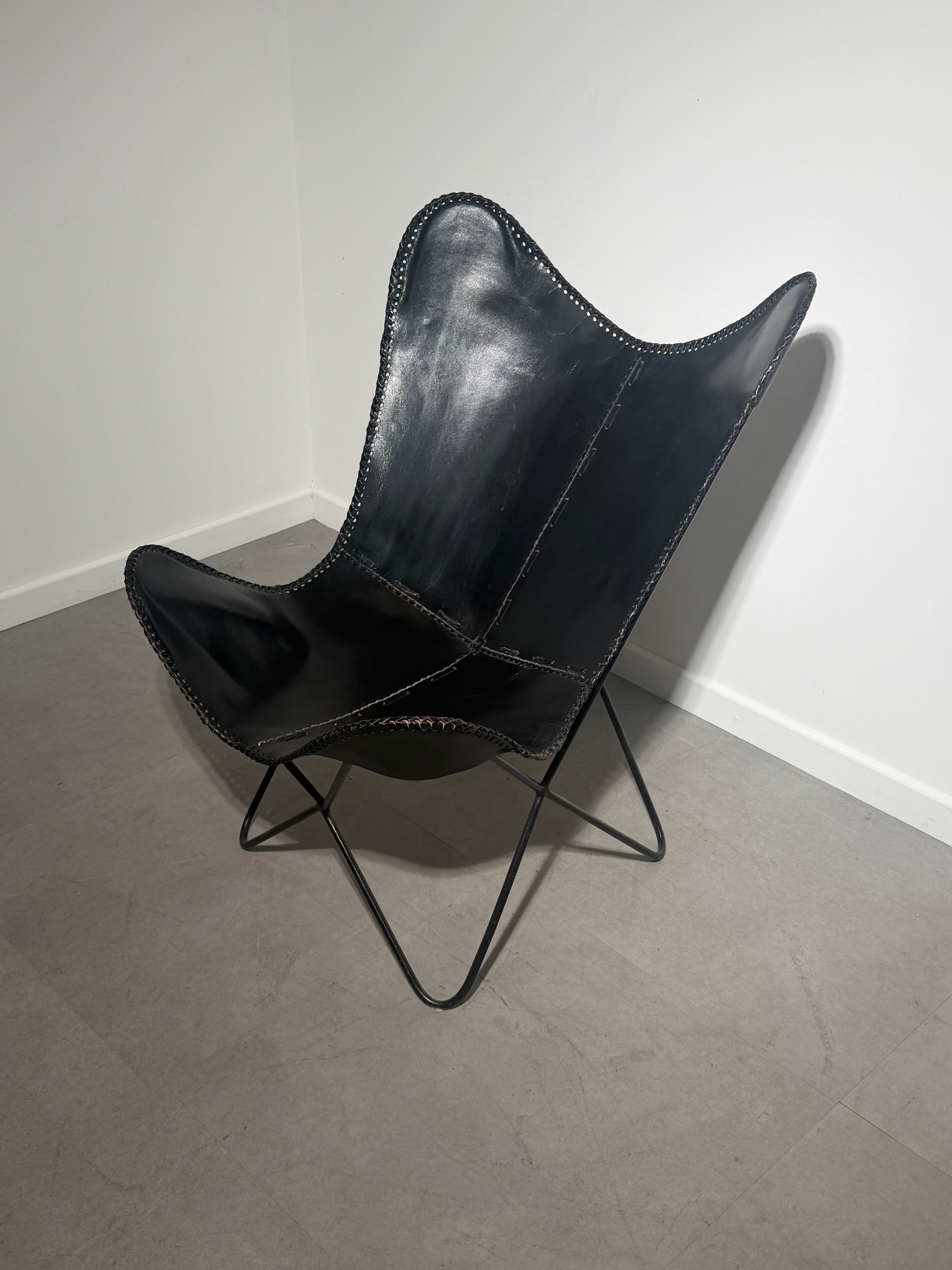 Vintage Black Leather Butterfly Chair