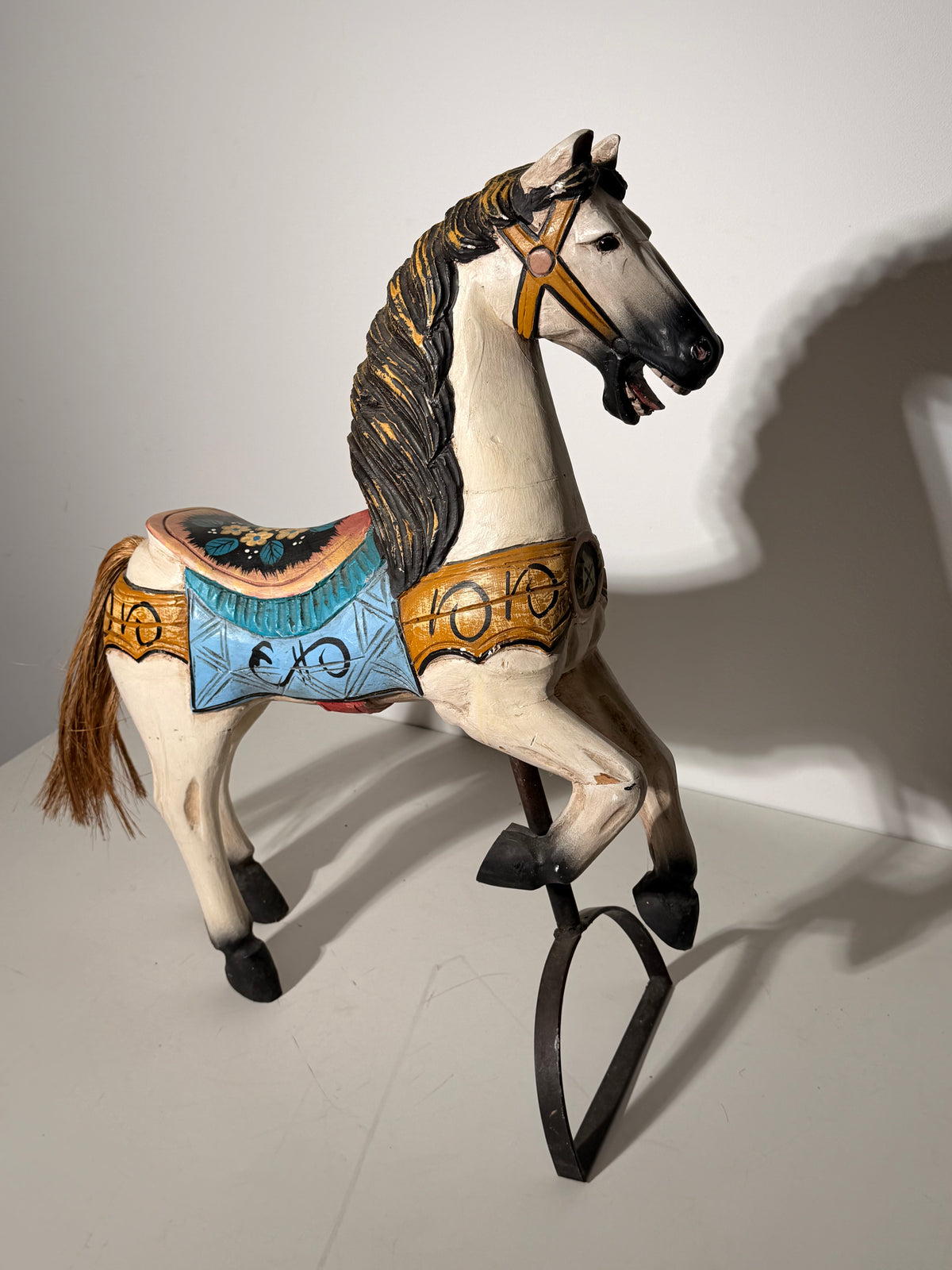 Vintage Hand-Painted Wooden Carousel Horse on Metal Stand