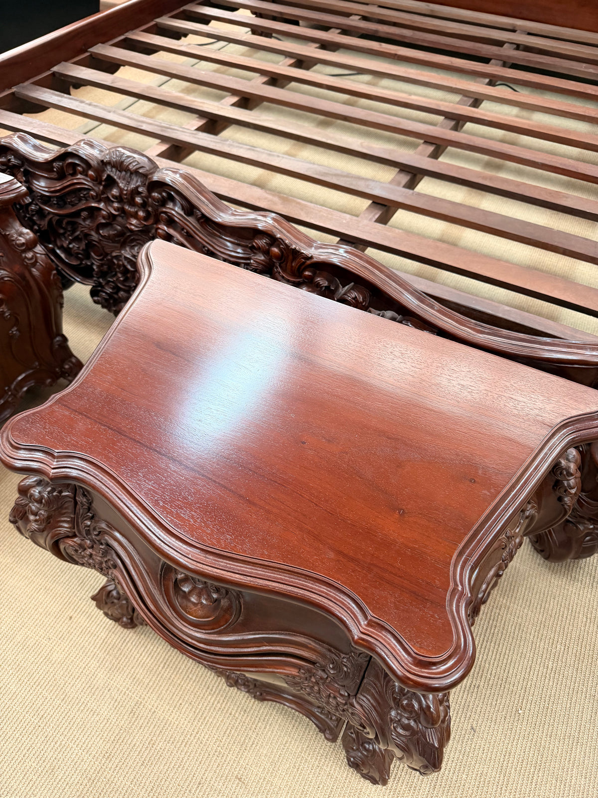 Ornately Carved Baroque Revival King Size Bed with Matching Nightstands