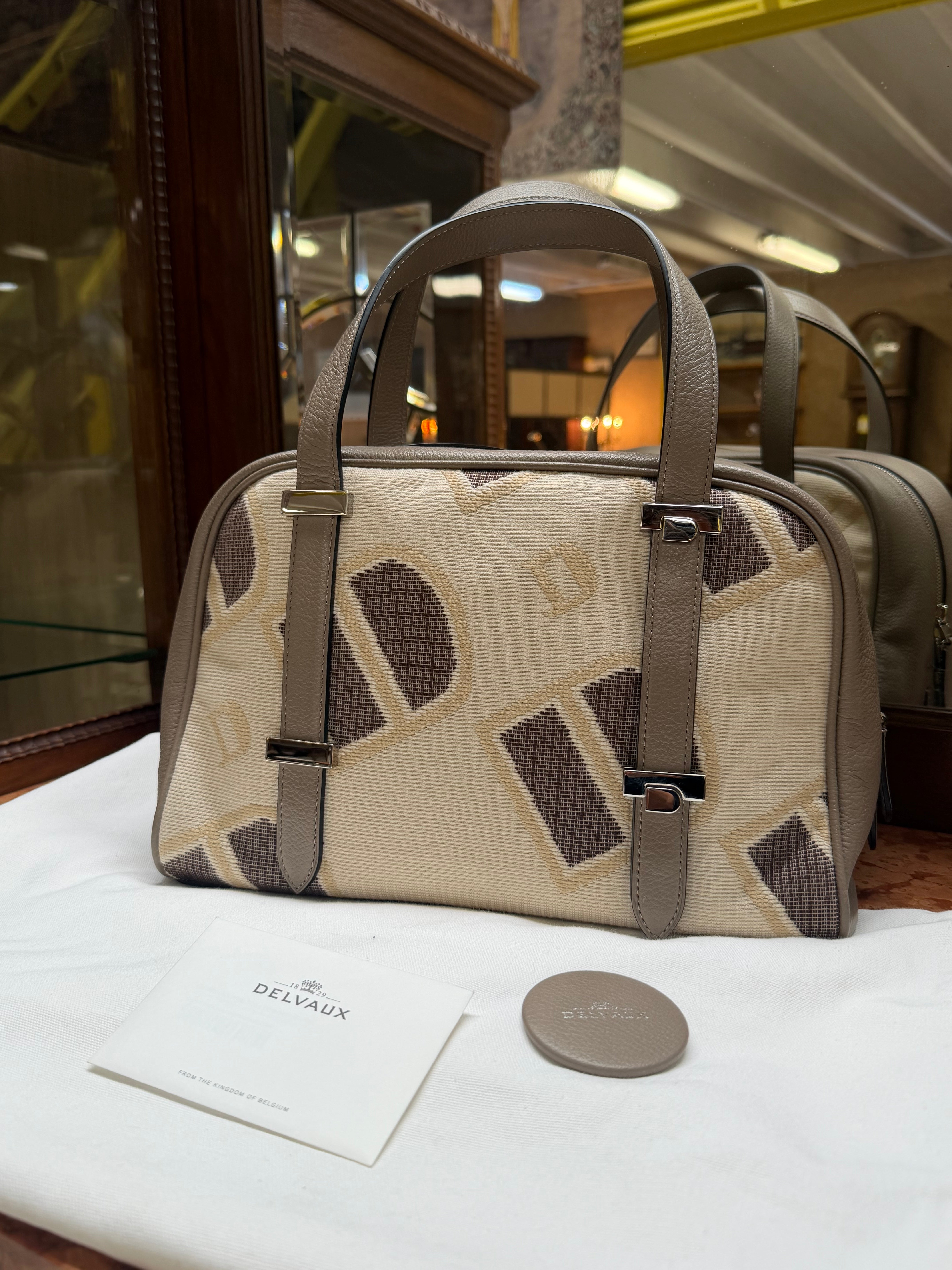 Delvaux Carry-All Mini Toile Logotypée D Travel Tourterelle – New with Certificate, Dust Bag & Mirror