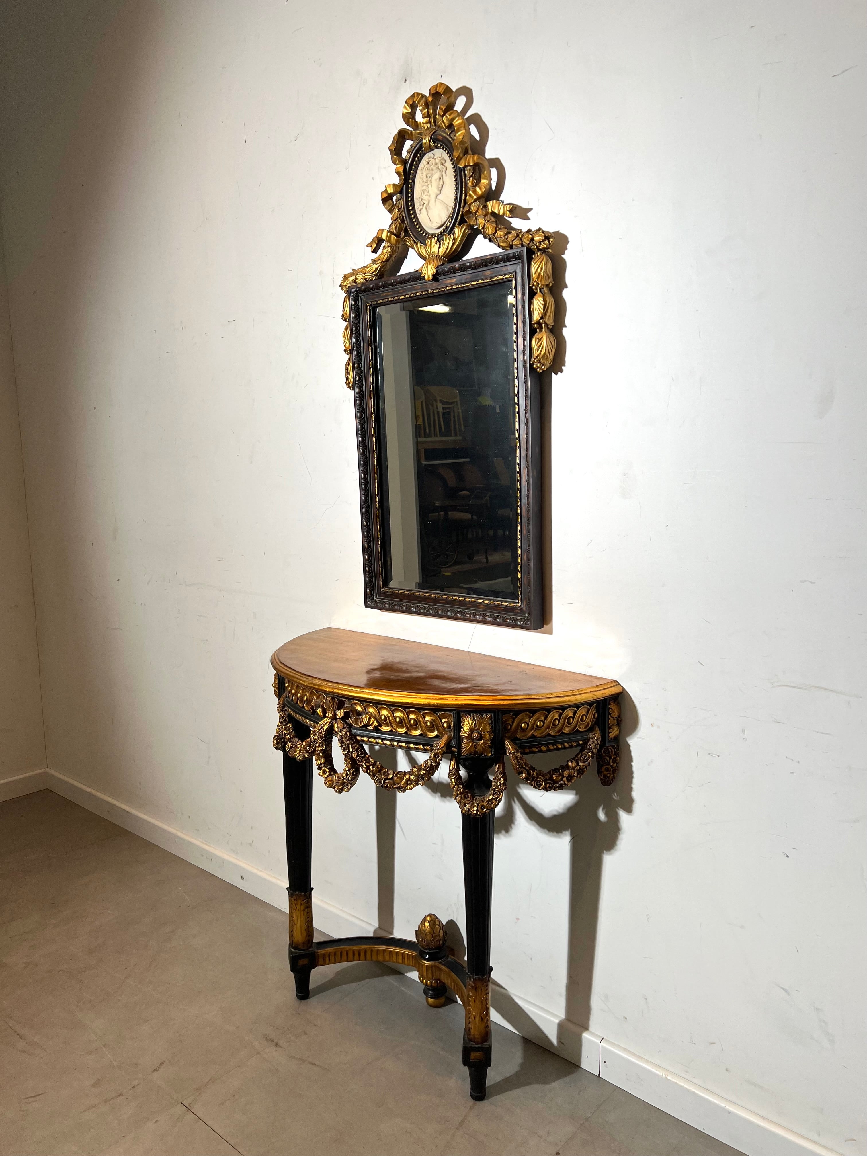 Louis XVI Style Giltwood Console Table with Mirror & Cameo Crest