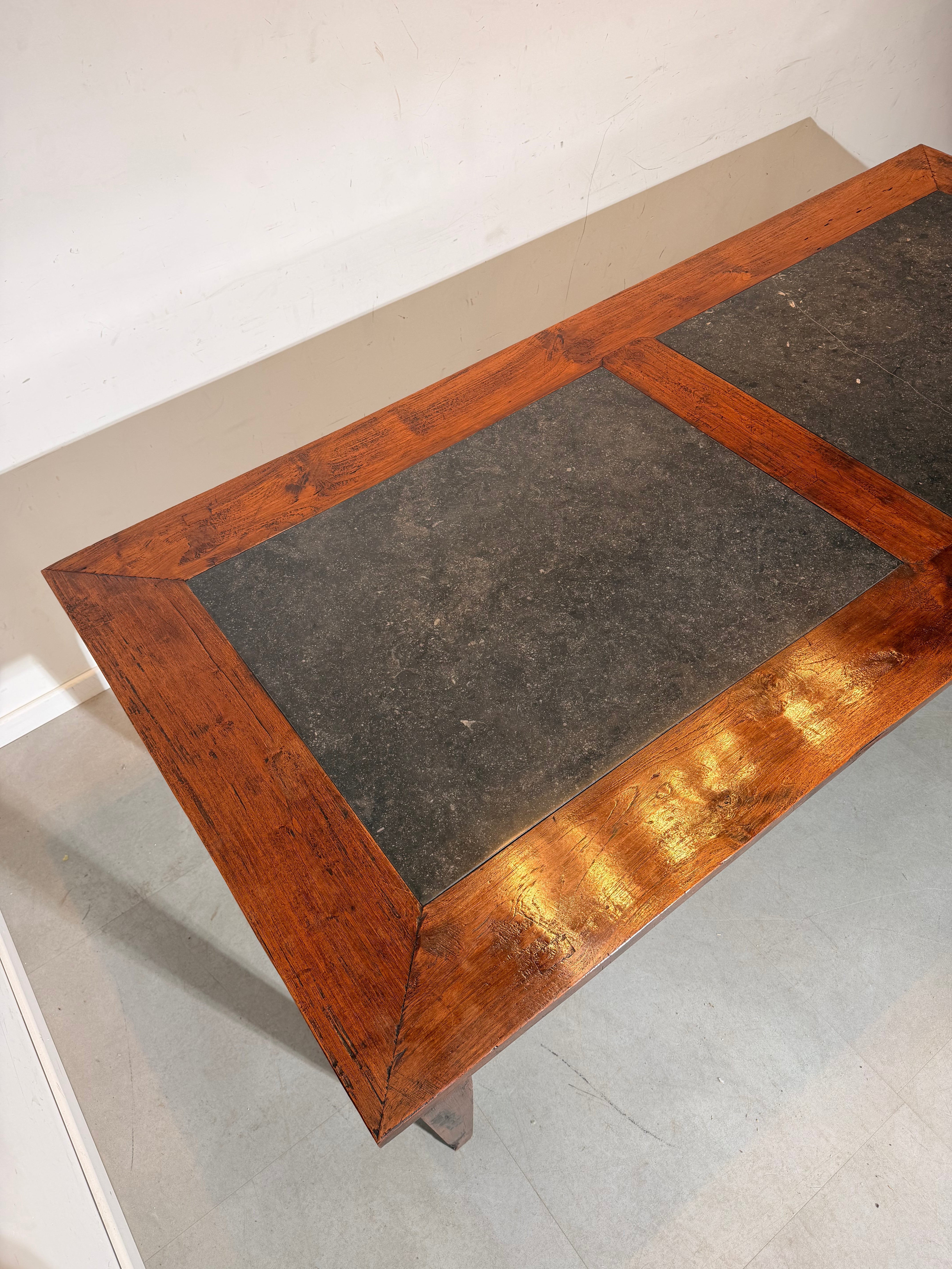 Antique Solid Teak Dining Table with Bluestone Top
