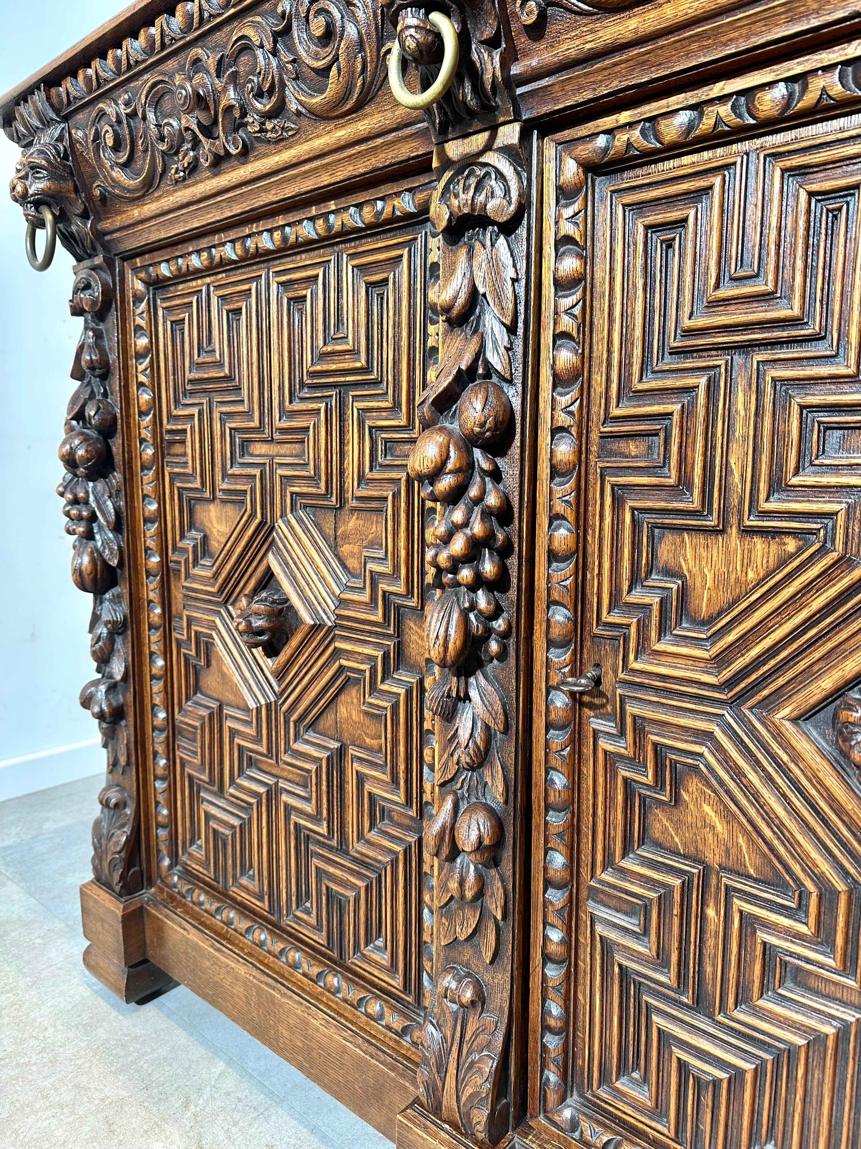 Antique Renaissance Revival Sideboard in Carved Oak