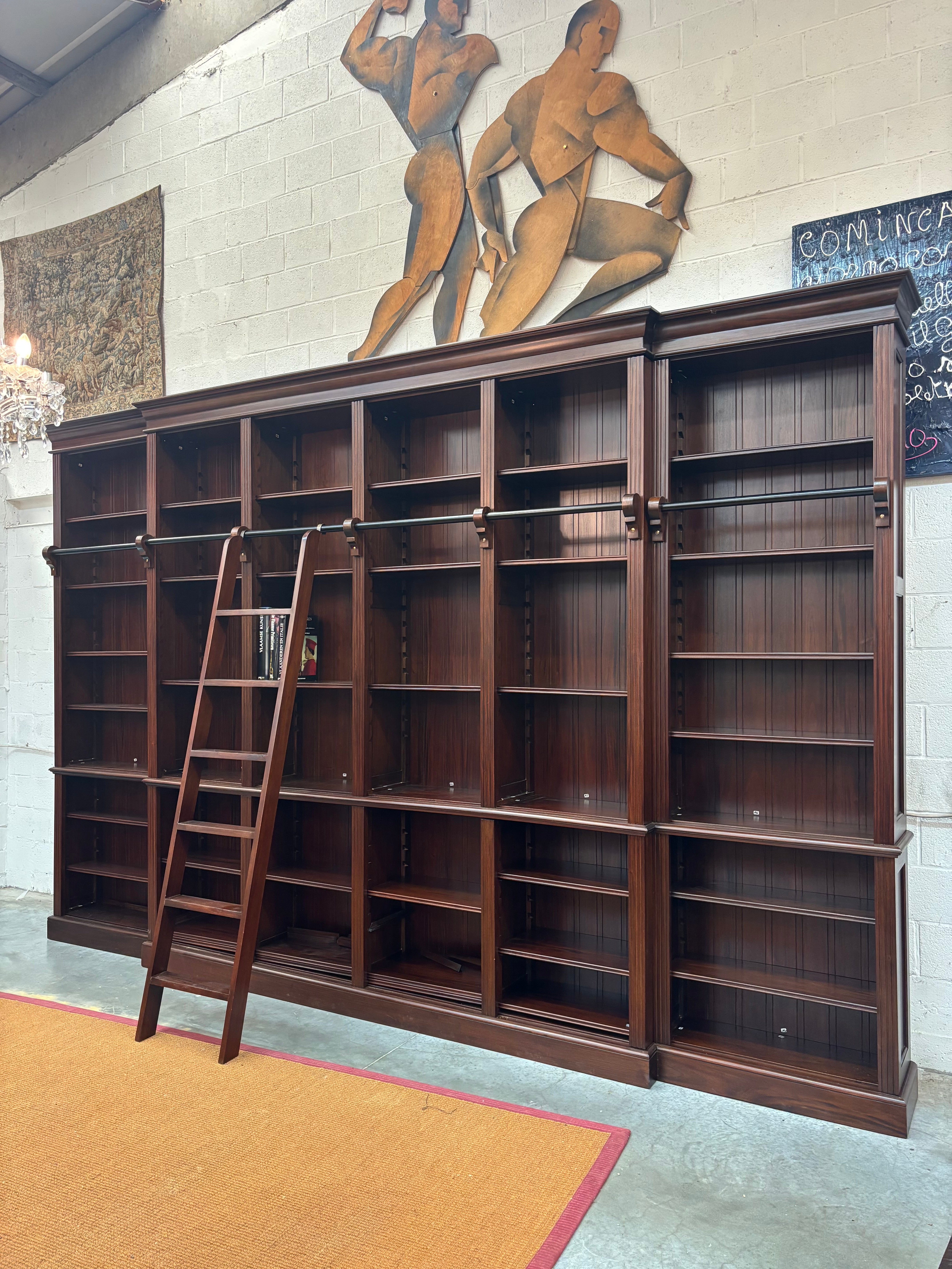 Large Mahogany Library Bookcase with Ladder – 420 x 270 cm