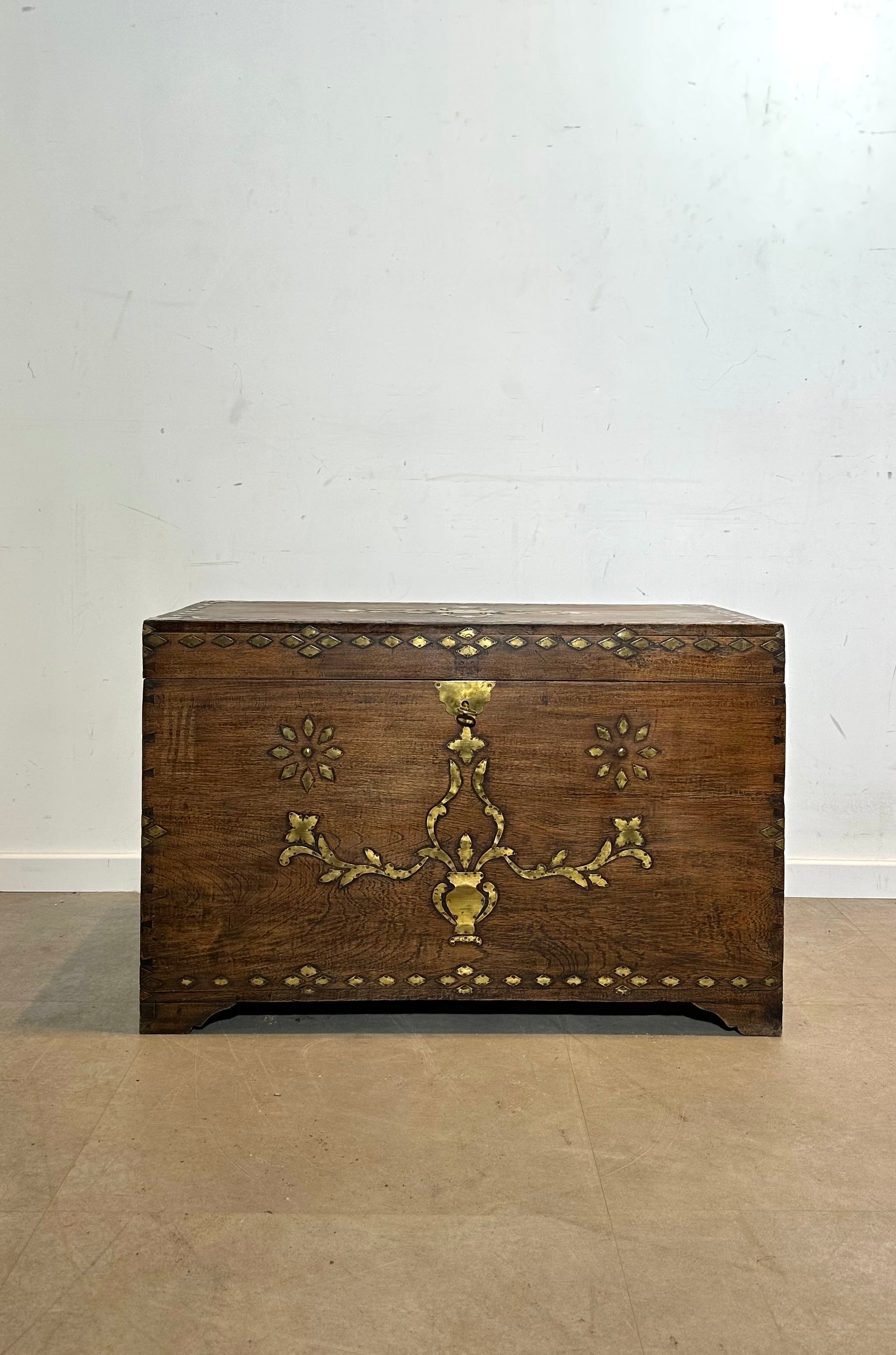 Antique Brass-Mounted Wooden Chest