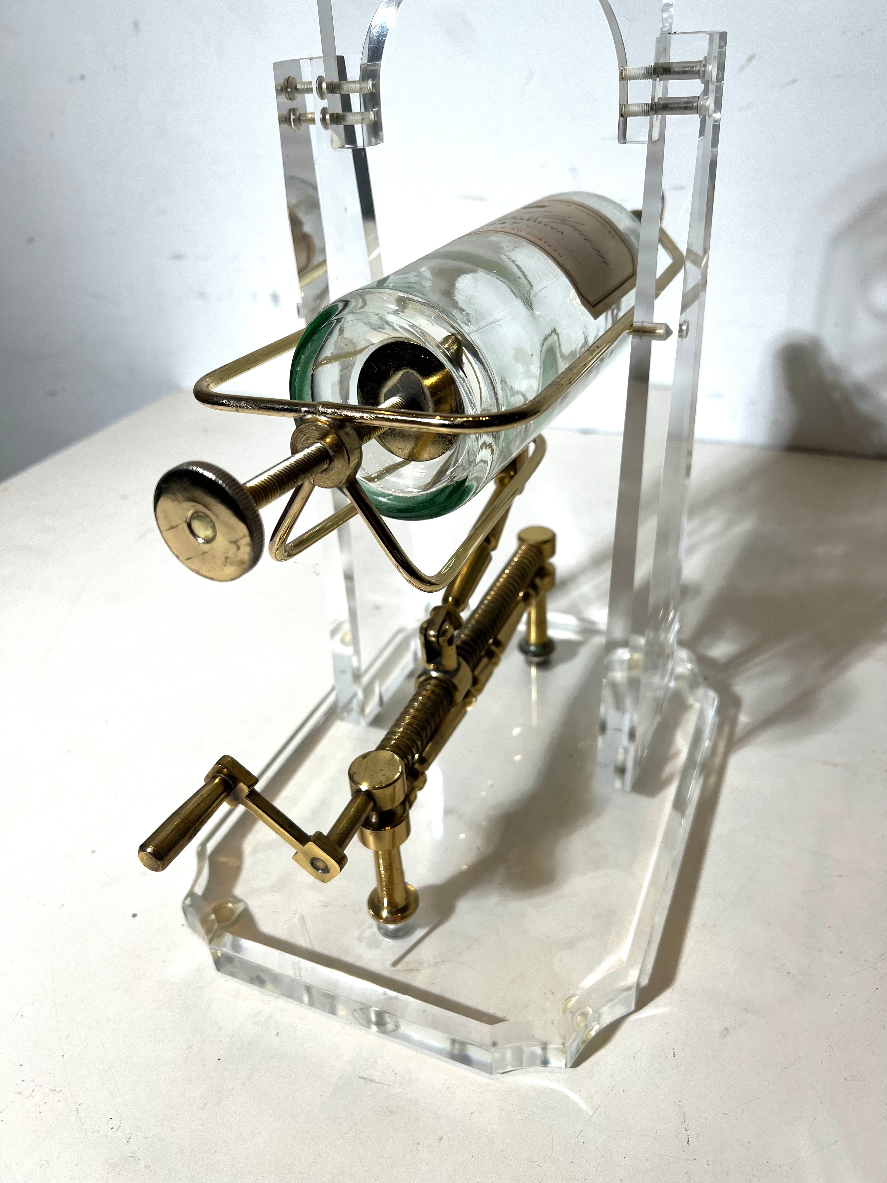 Vintage Lucite & Brass Mechanical Wine Bottle Display Stand