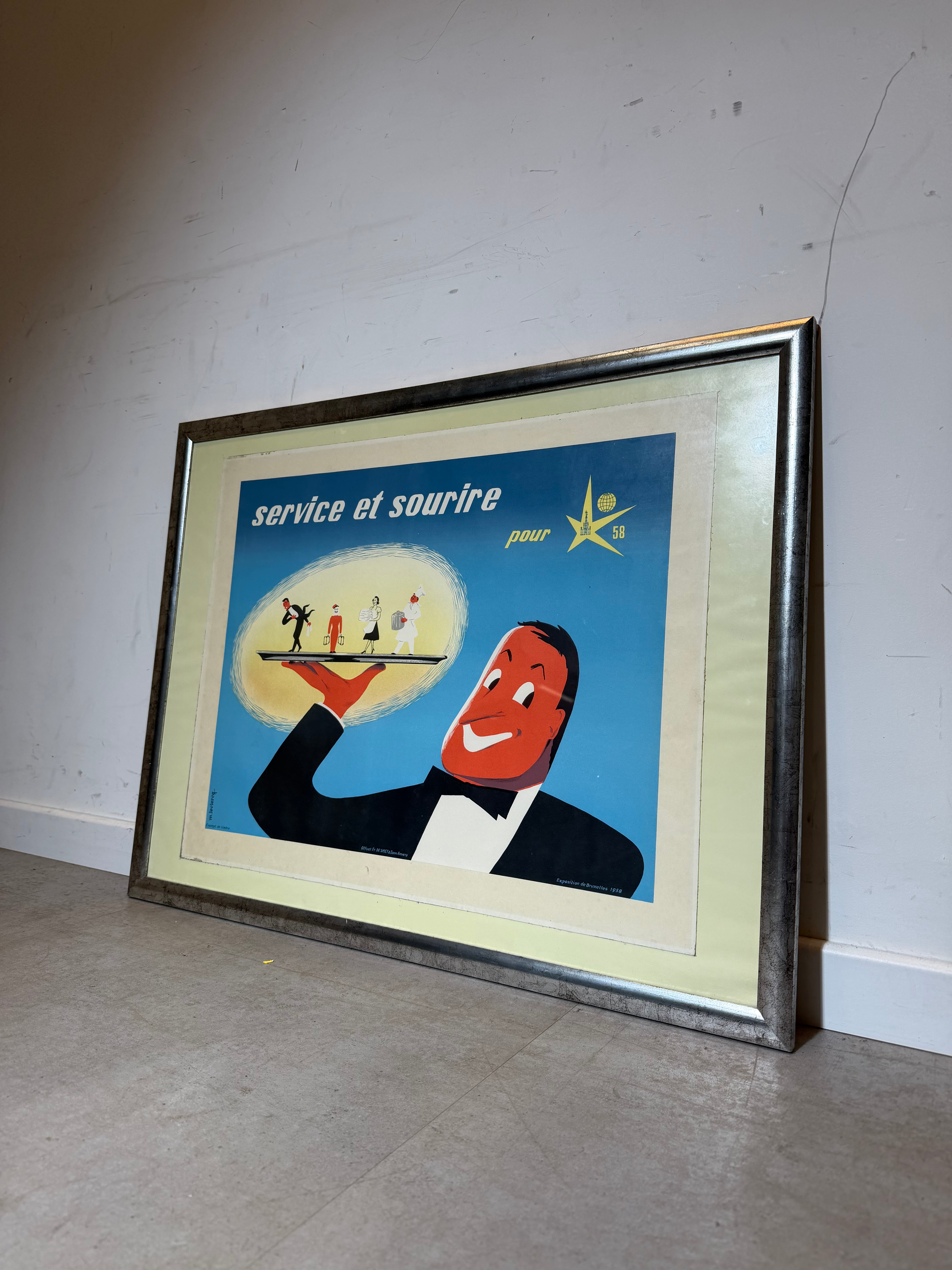 Affiche originale de l'Expo 58 « Service et Sourire » de M. Leclercq (1958)