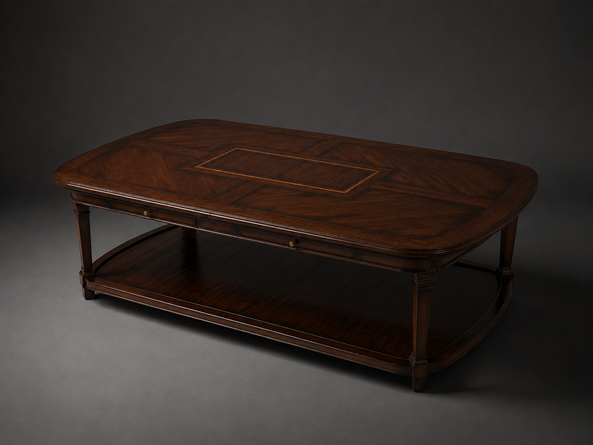 Large French Style Parquetry Coffee Table with Drawers