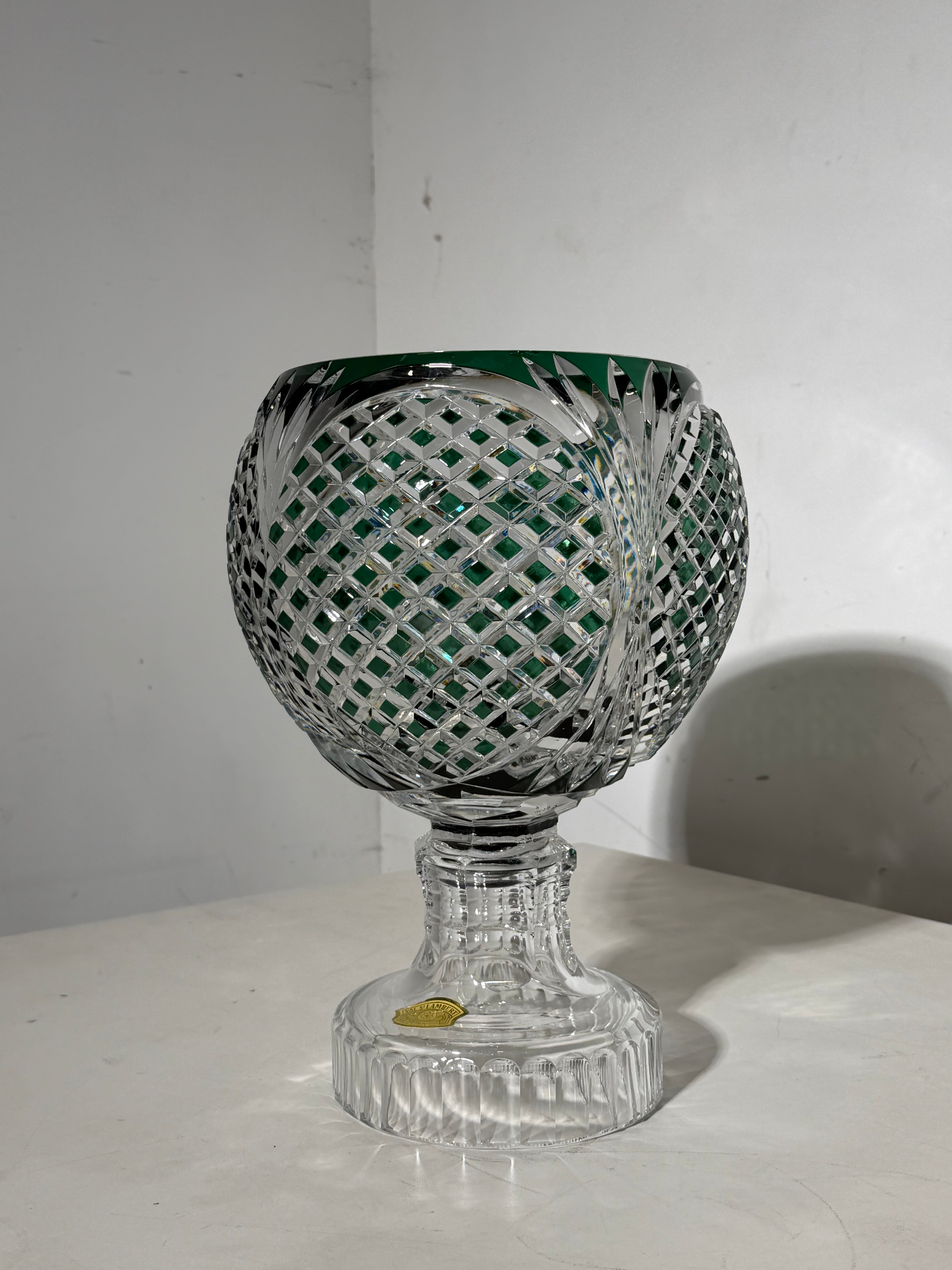 Val Saint Lambert Zorba Crystal Vase – Green Overlay Cut Crystal – H 40 cm