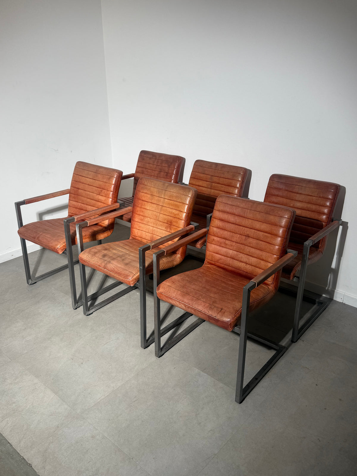Set of Six Cognac Leather Dining Armchairs