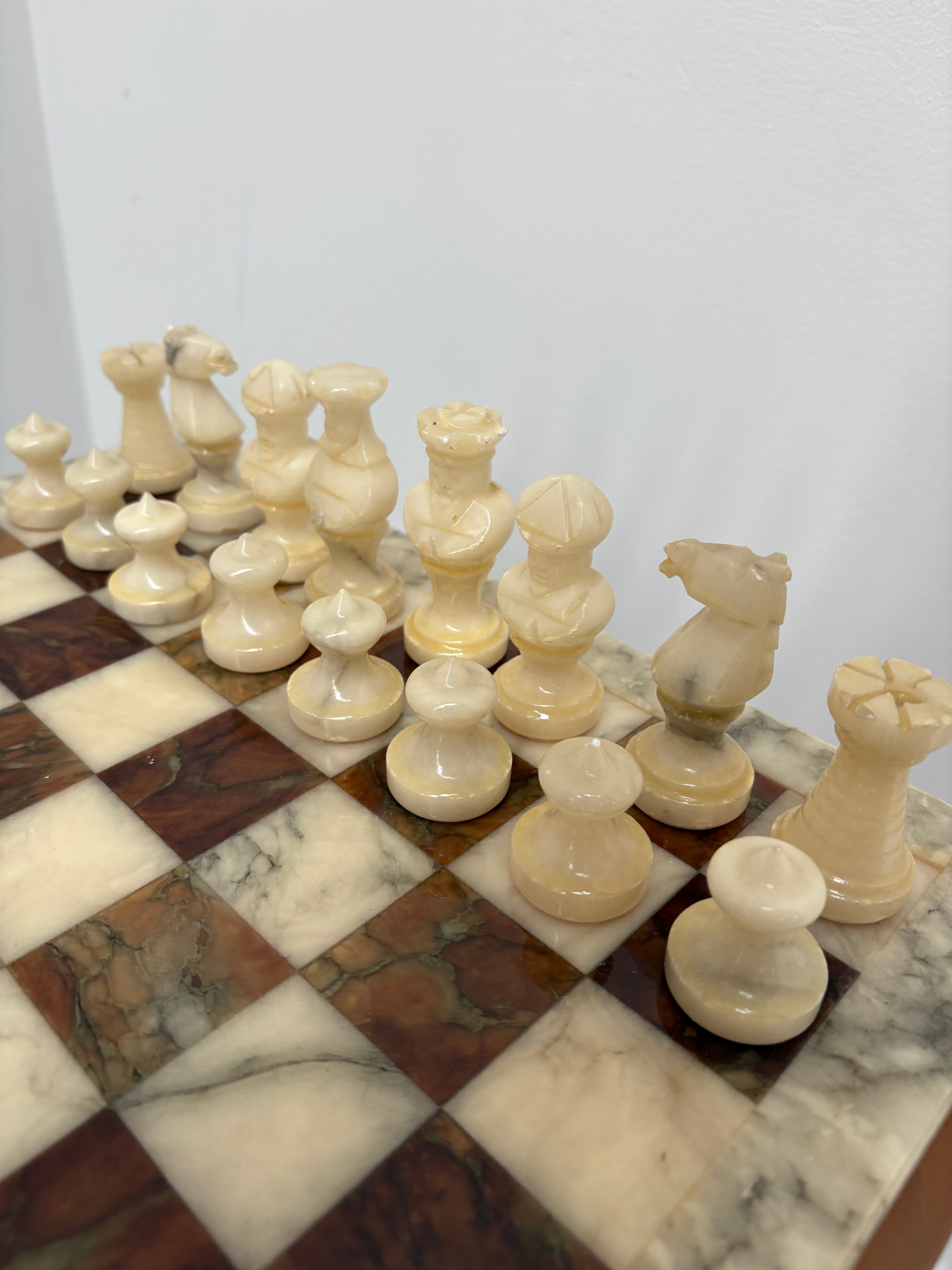 Vintage Marble Chess Set on Marble Pedestal Stand