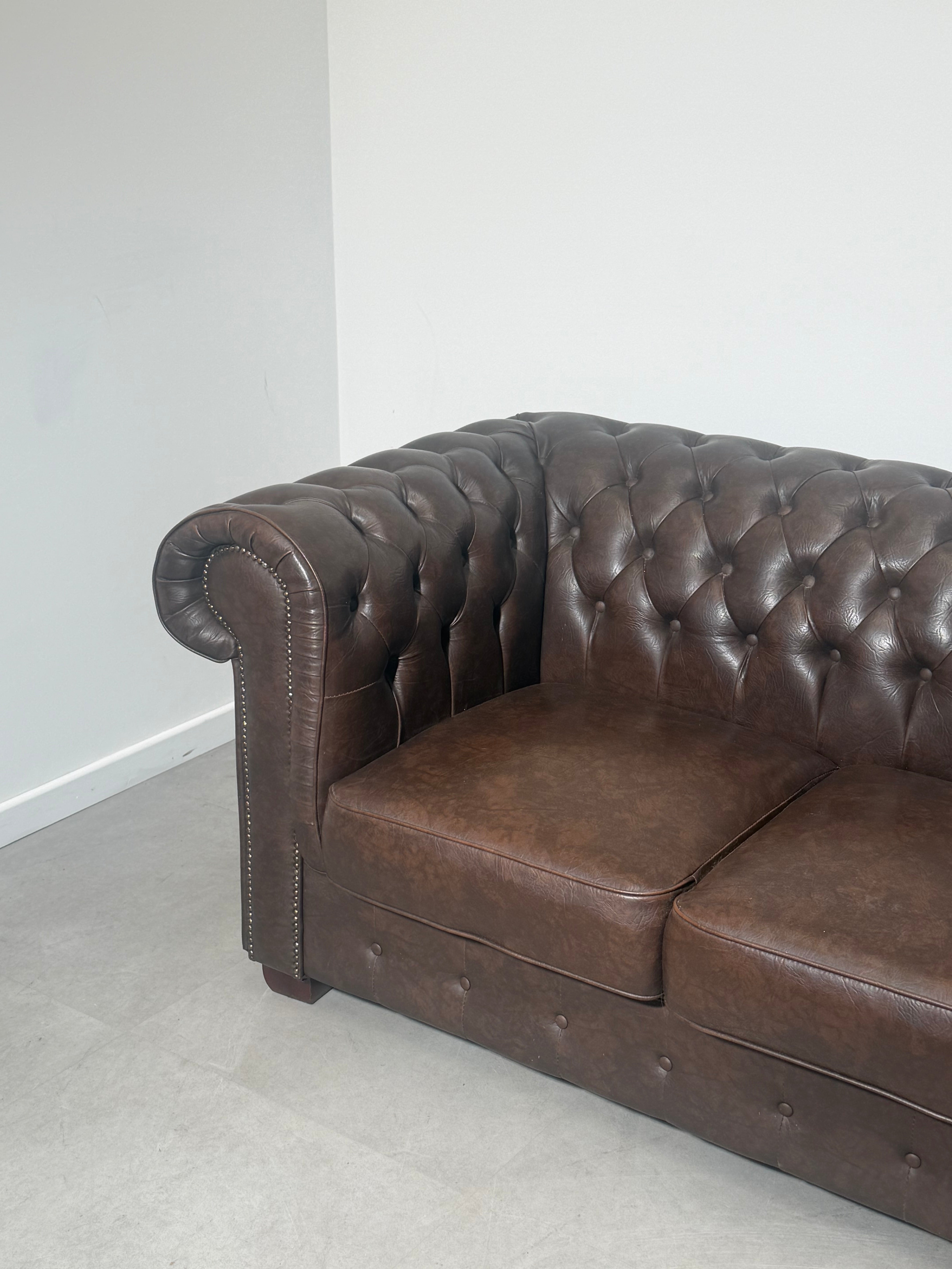 Vintage Chesterfield Two-Seater Sofa – Tobacco Brown Faux Leather