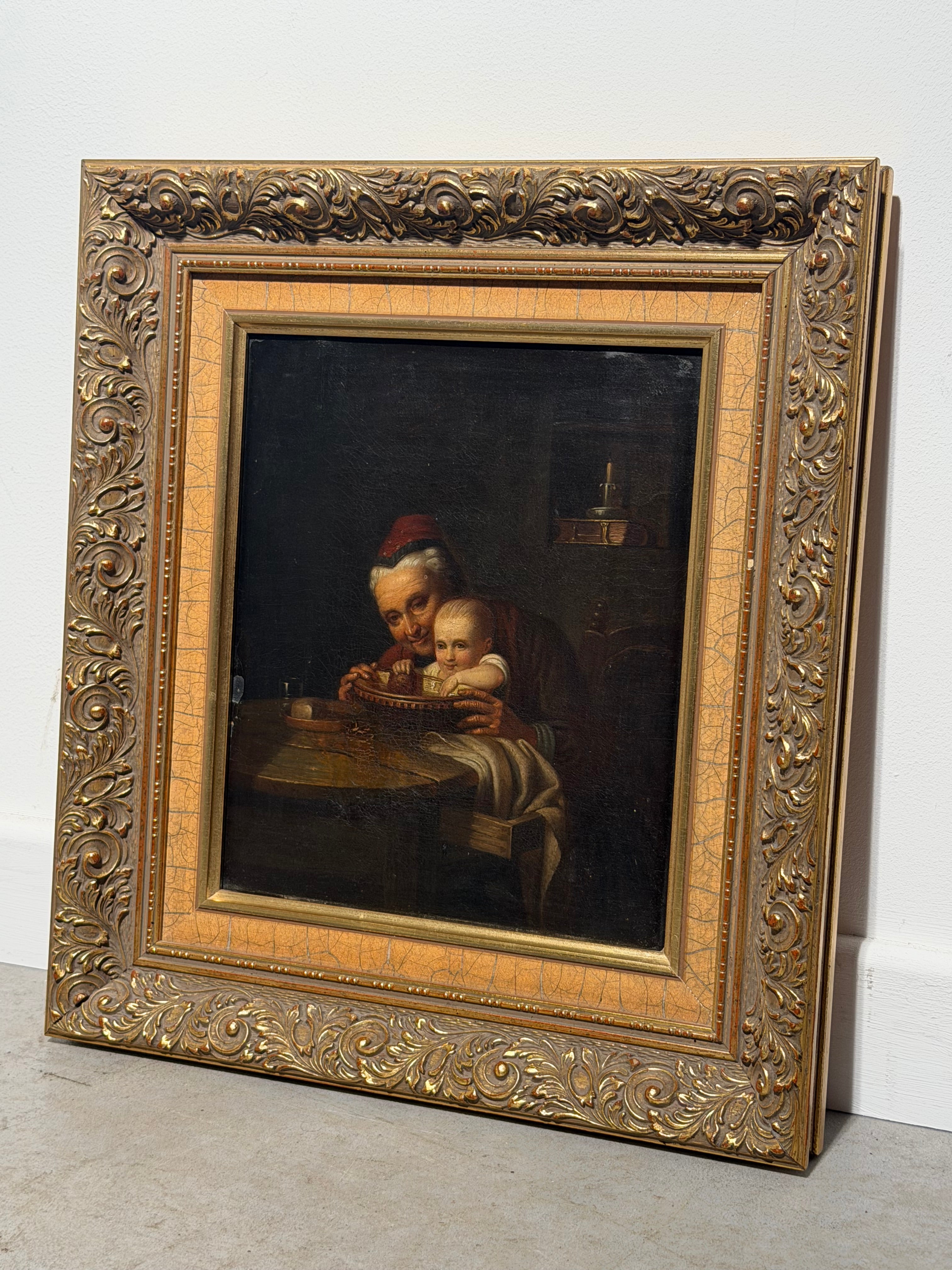 Antique 19th Century Genre Painting – Grandmother & Child – Oil on Canvas