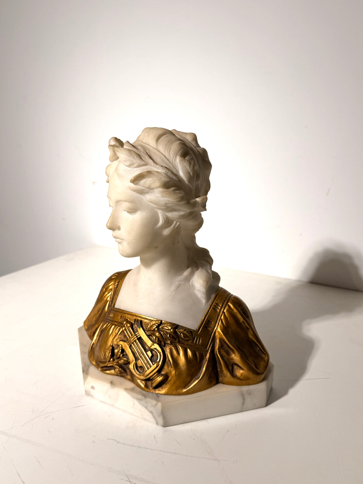 Antique Art Deco Marble Bust of a Young Woman with Gilt Metal Dress – Signed