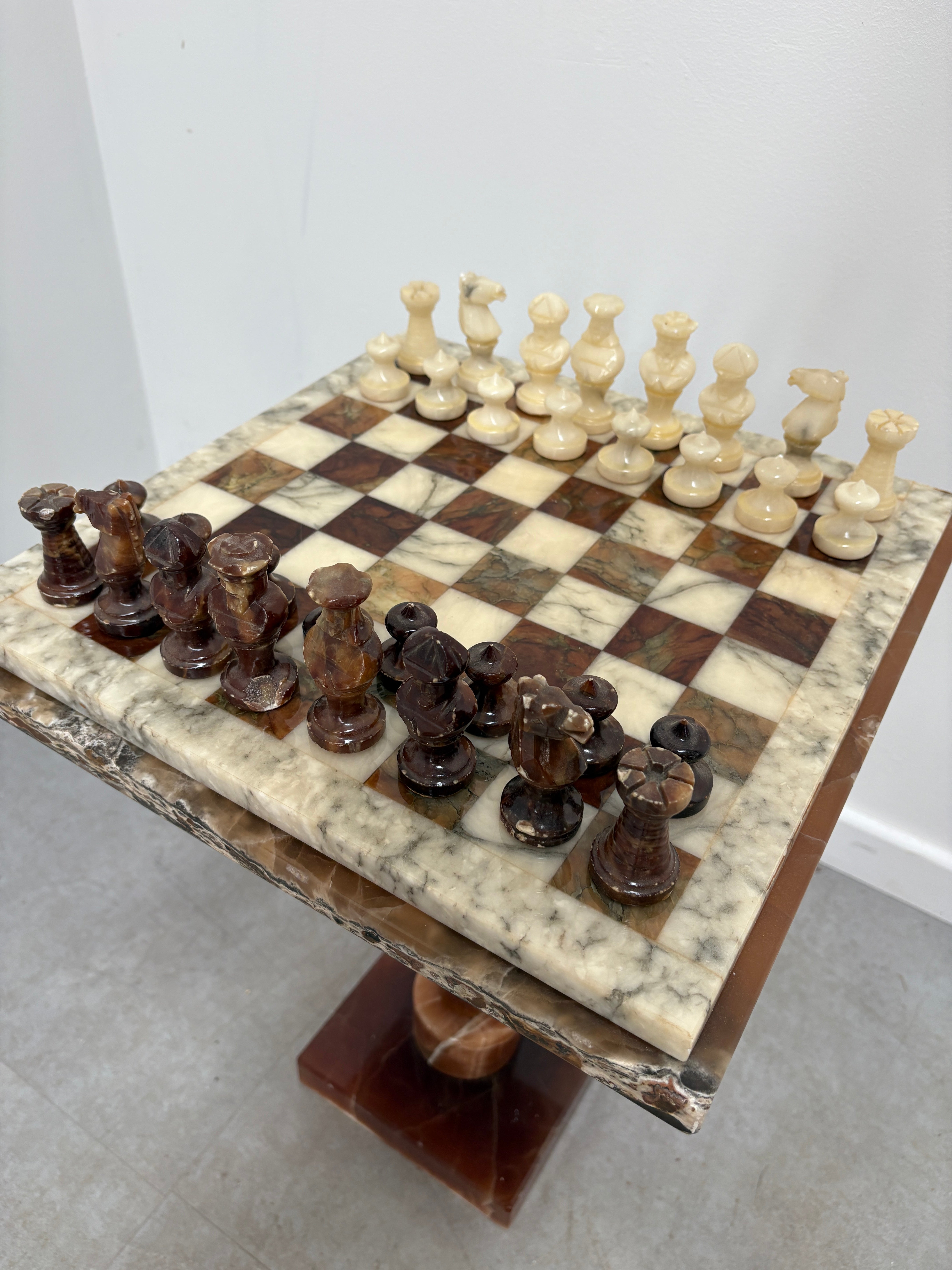 Vintage Marble Chess Set on Marble Pedestal Stand