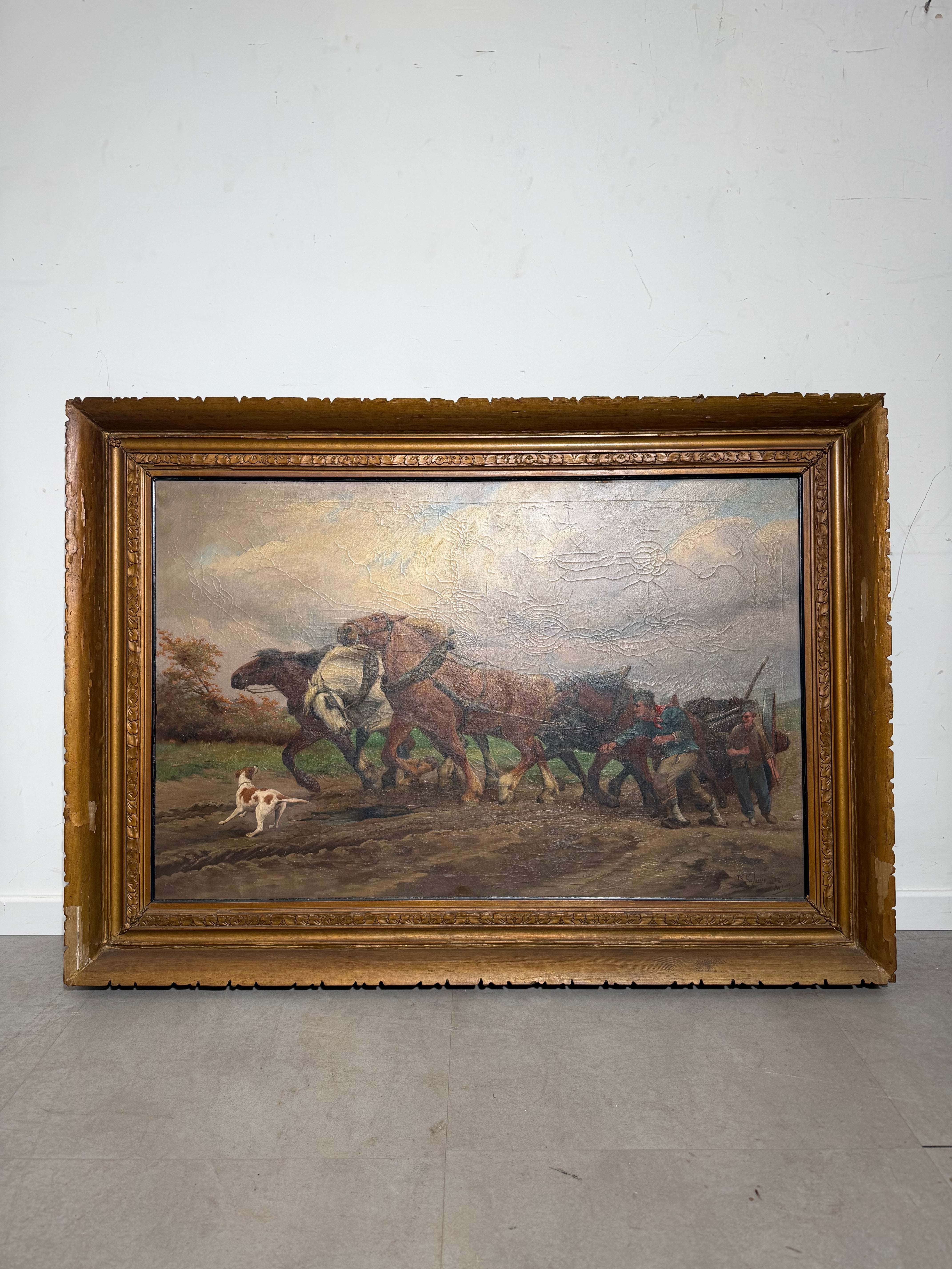 Jef Van Leemputten (Anvers, 1865–1948) – Grande huile sur toile « Chevaux de ferme au travail »