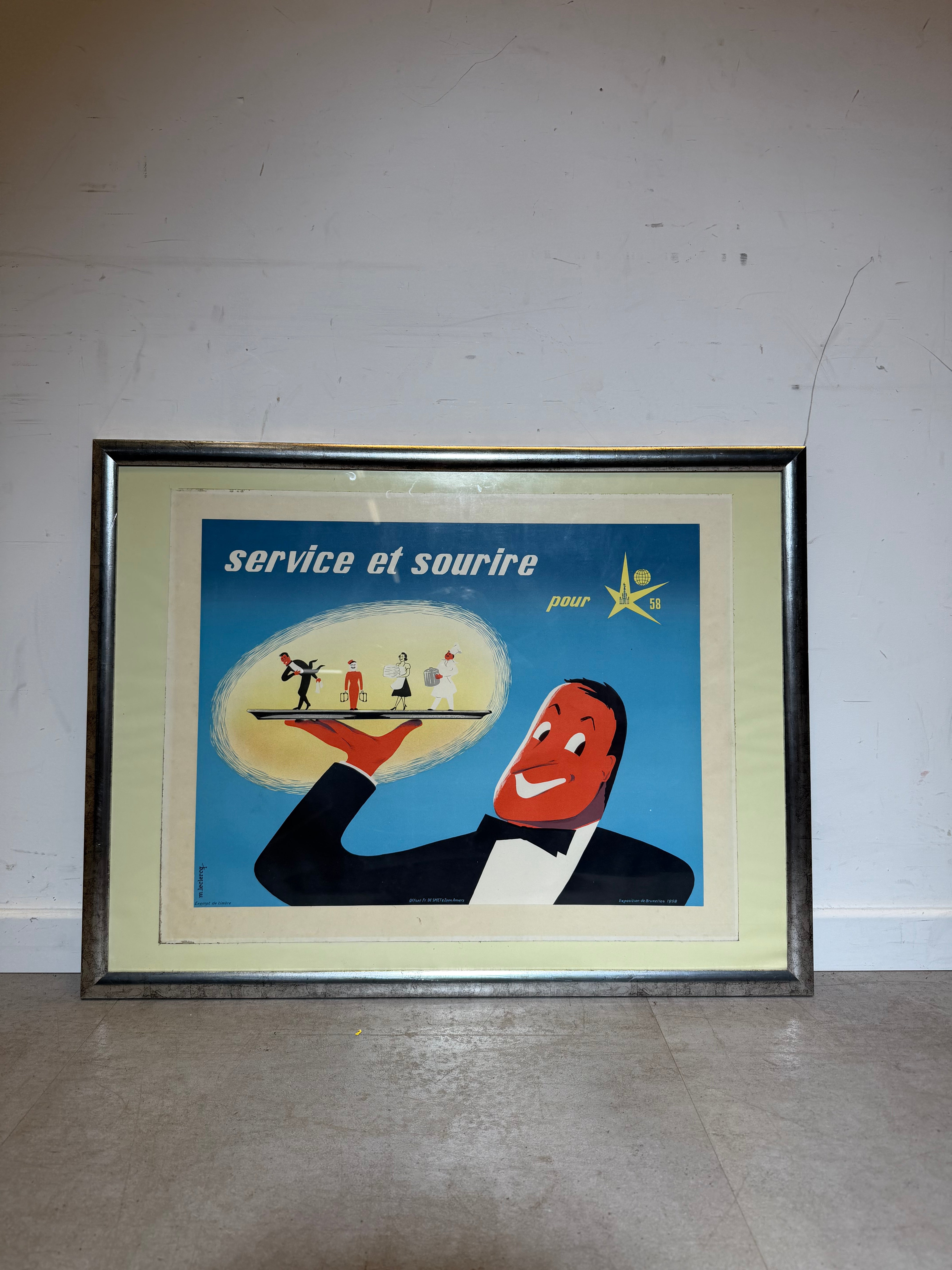 Affiche originale de l'Expo 58 « Service et Sourire » de M. Leclercq (1958)