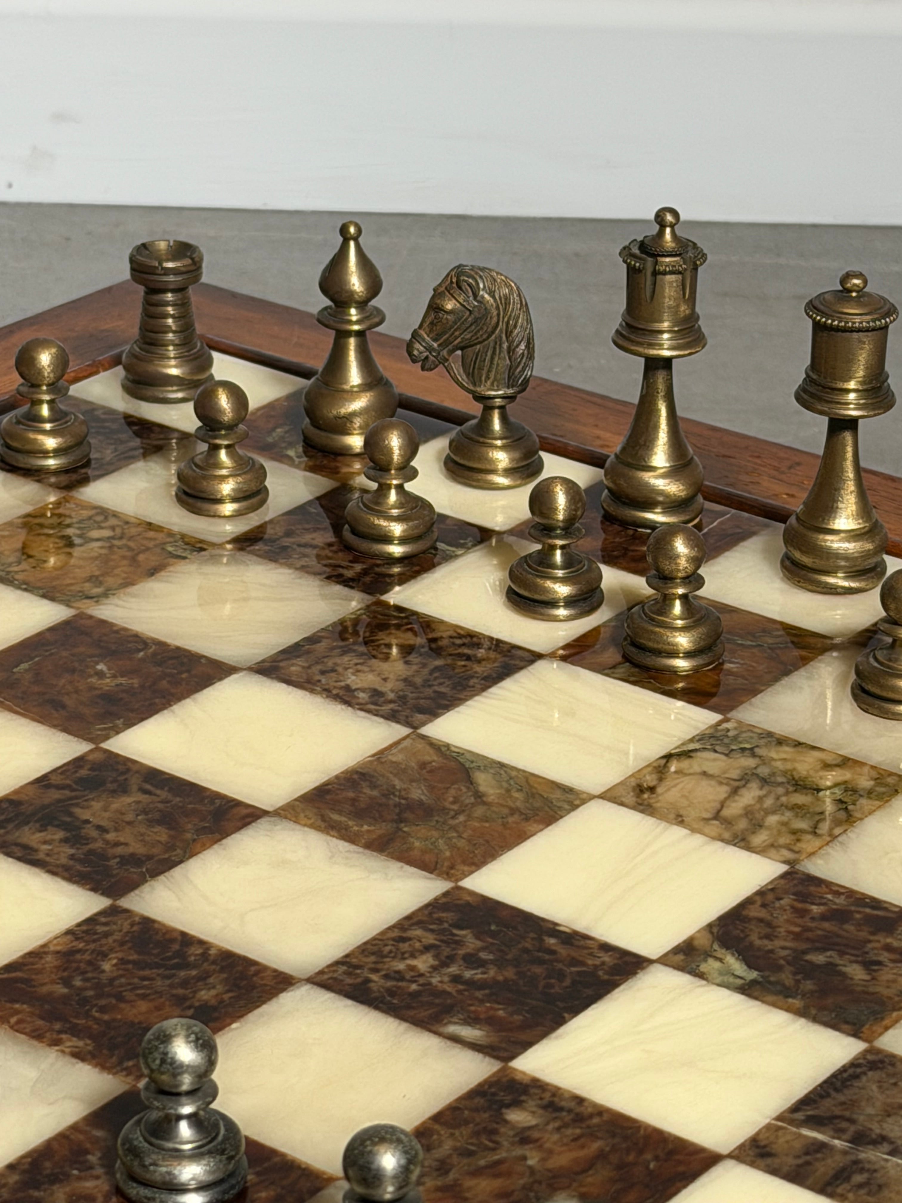 Vintage Marble Chess Set with Metal Pieces & Hidden Storage