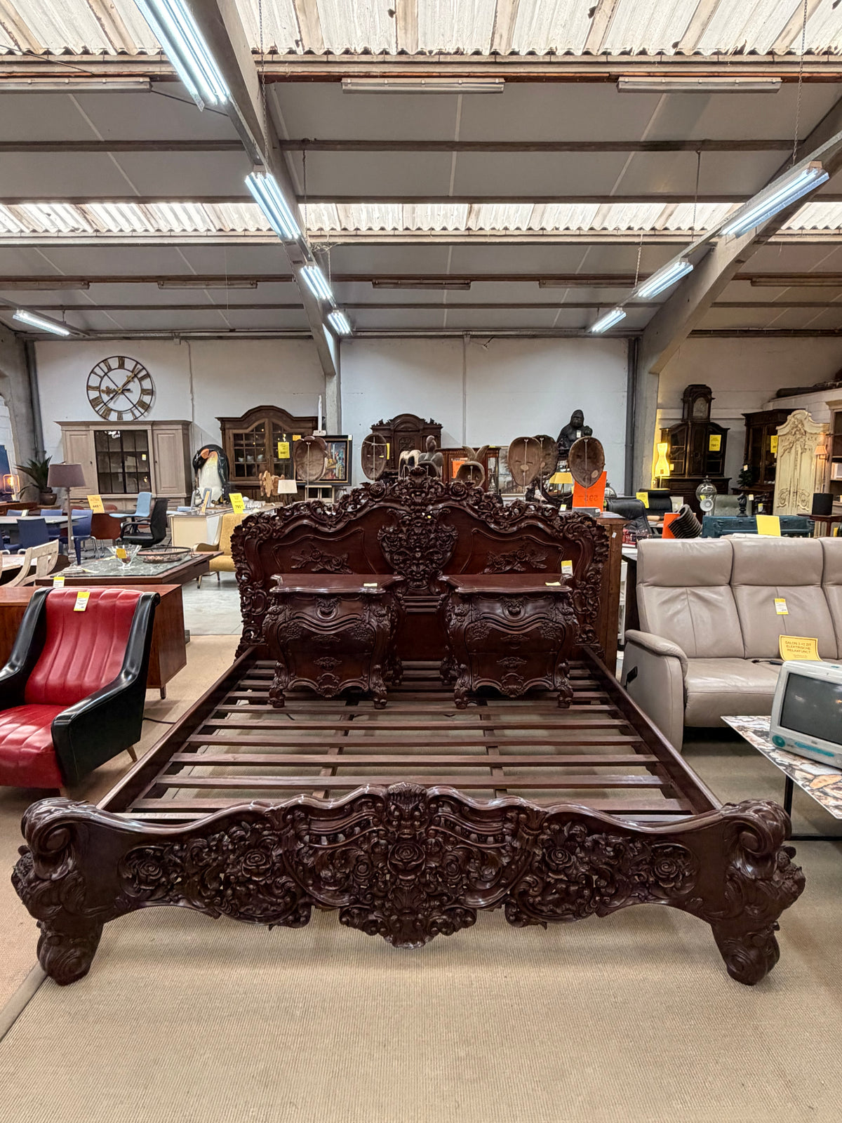 Ornately Carved Baroque Revival King Size Bed with Matching Nightstands