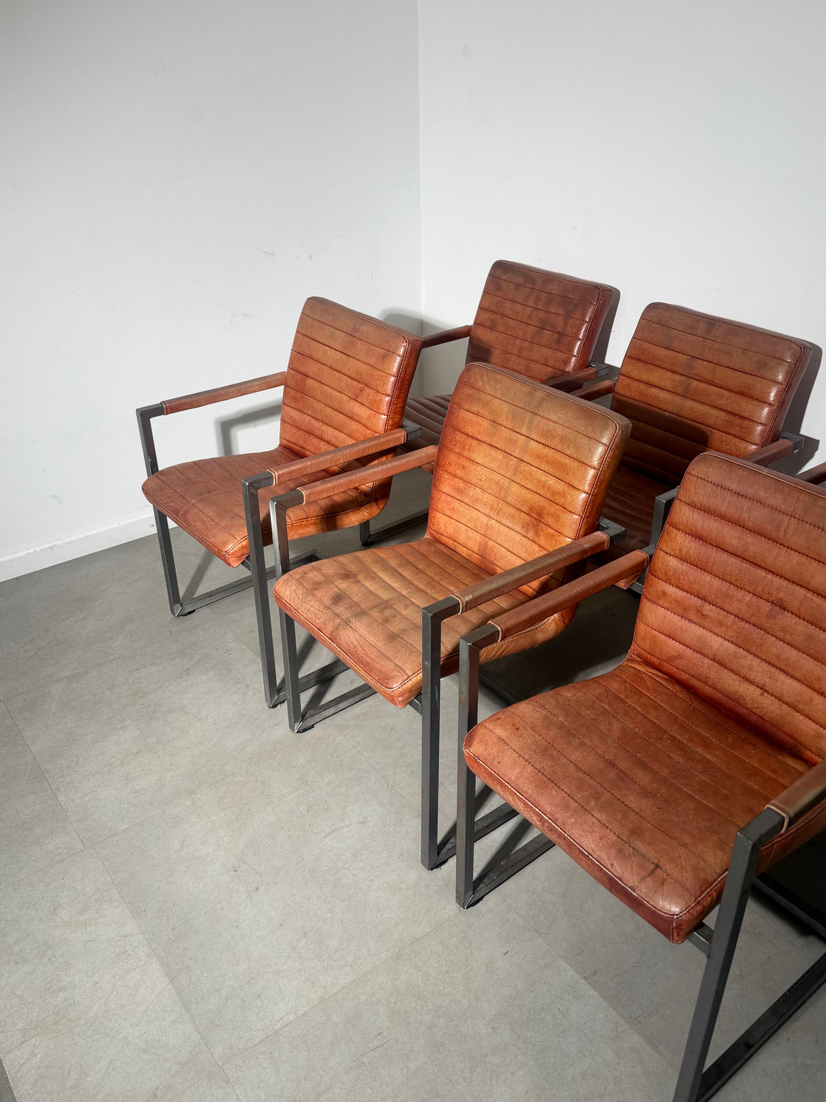 Set of Six Cognac Leather Dining Armchairs