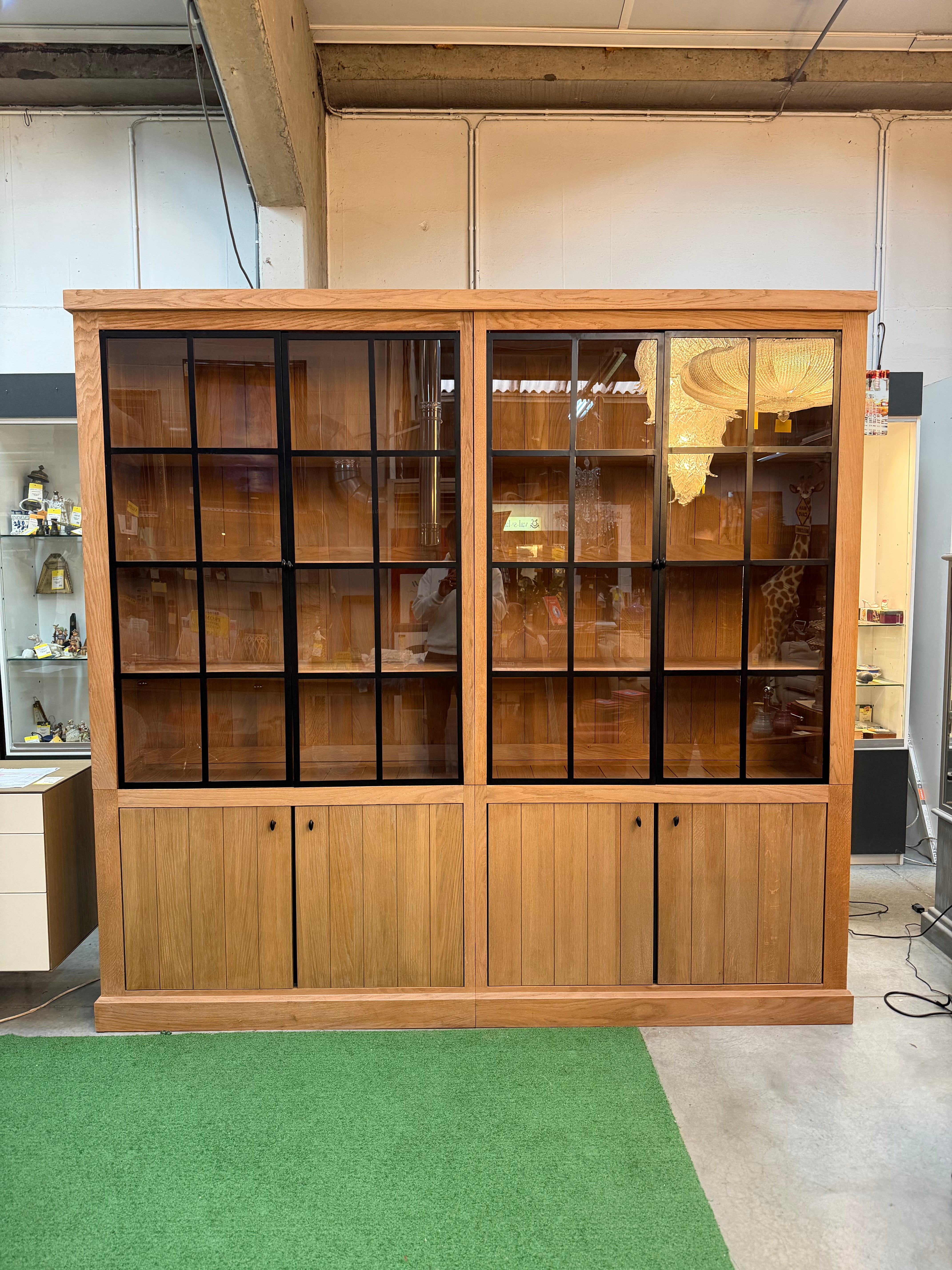 Large Oak Display Cabinet with Black Metal Grid Doors
