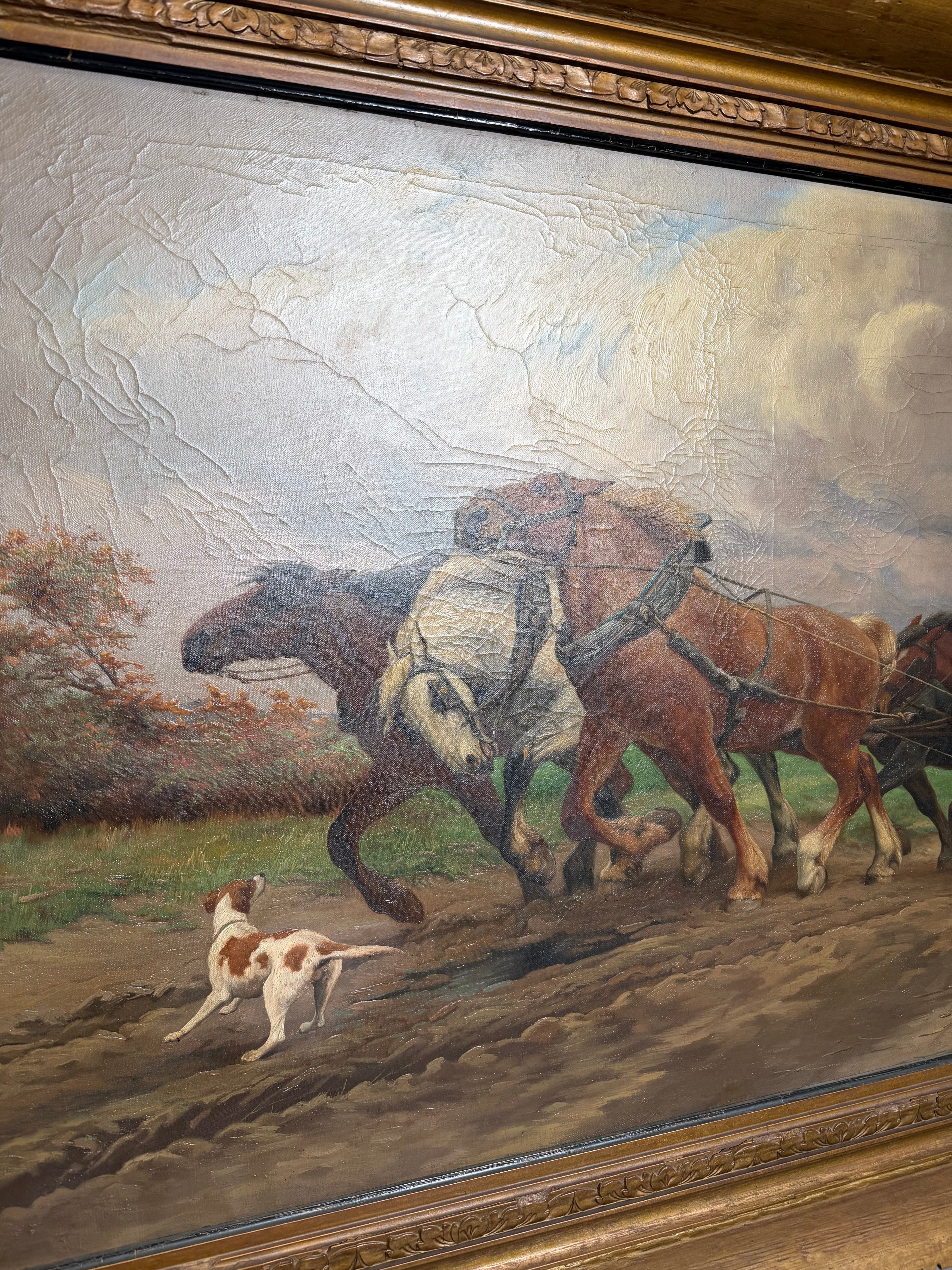 Jef Van Leemputten (Anvers, 1865–1948) – Grande huile sur toile « Chevaux de ferme au travail »