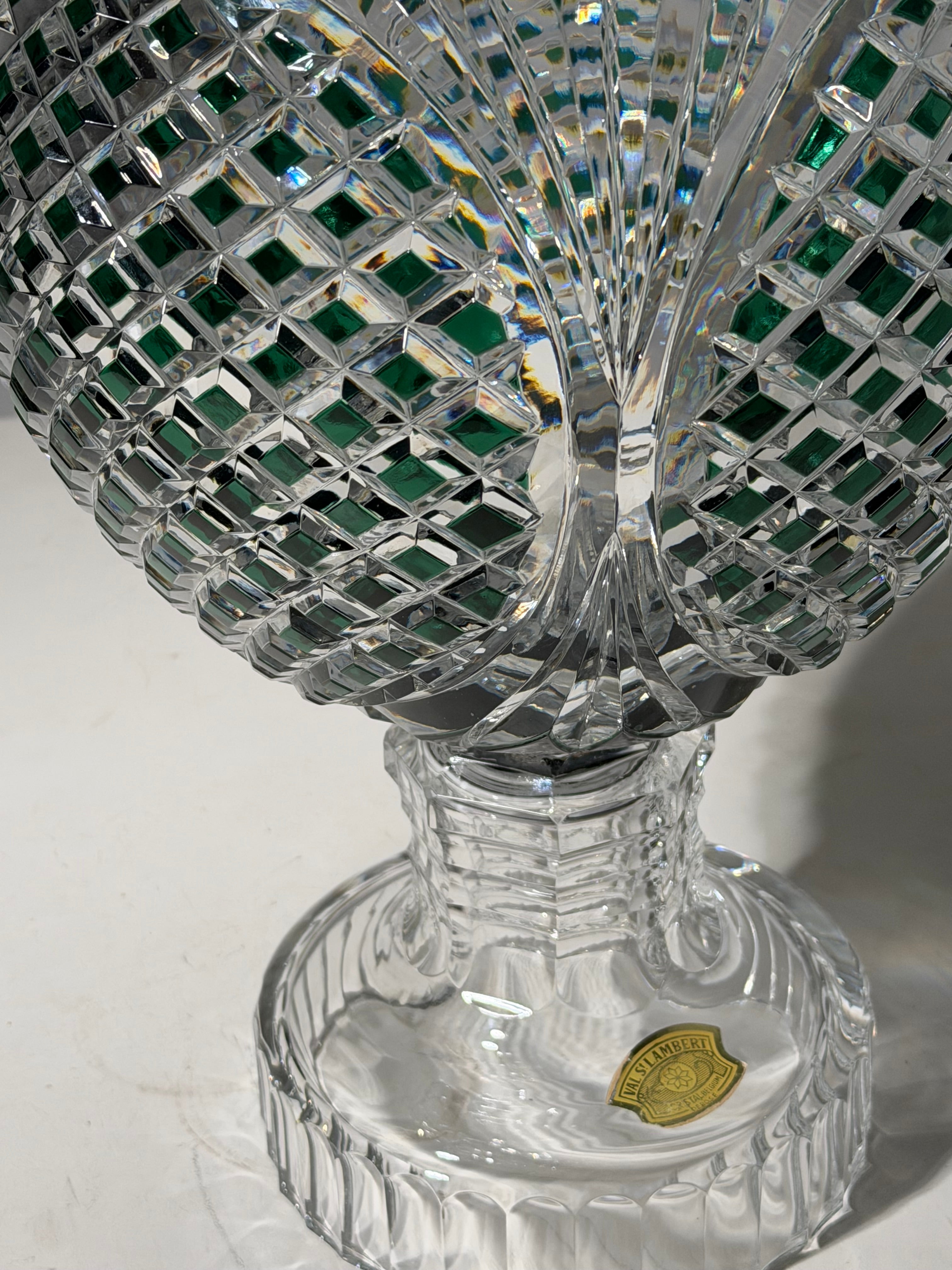 Val Saint Lambert Zorba Crystal Vase – Green Overlay Cut Crystal – H 40 cm