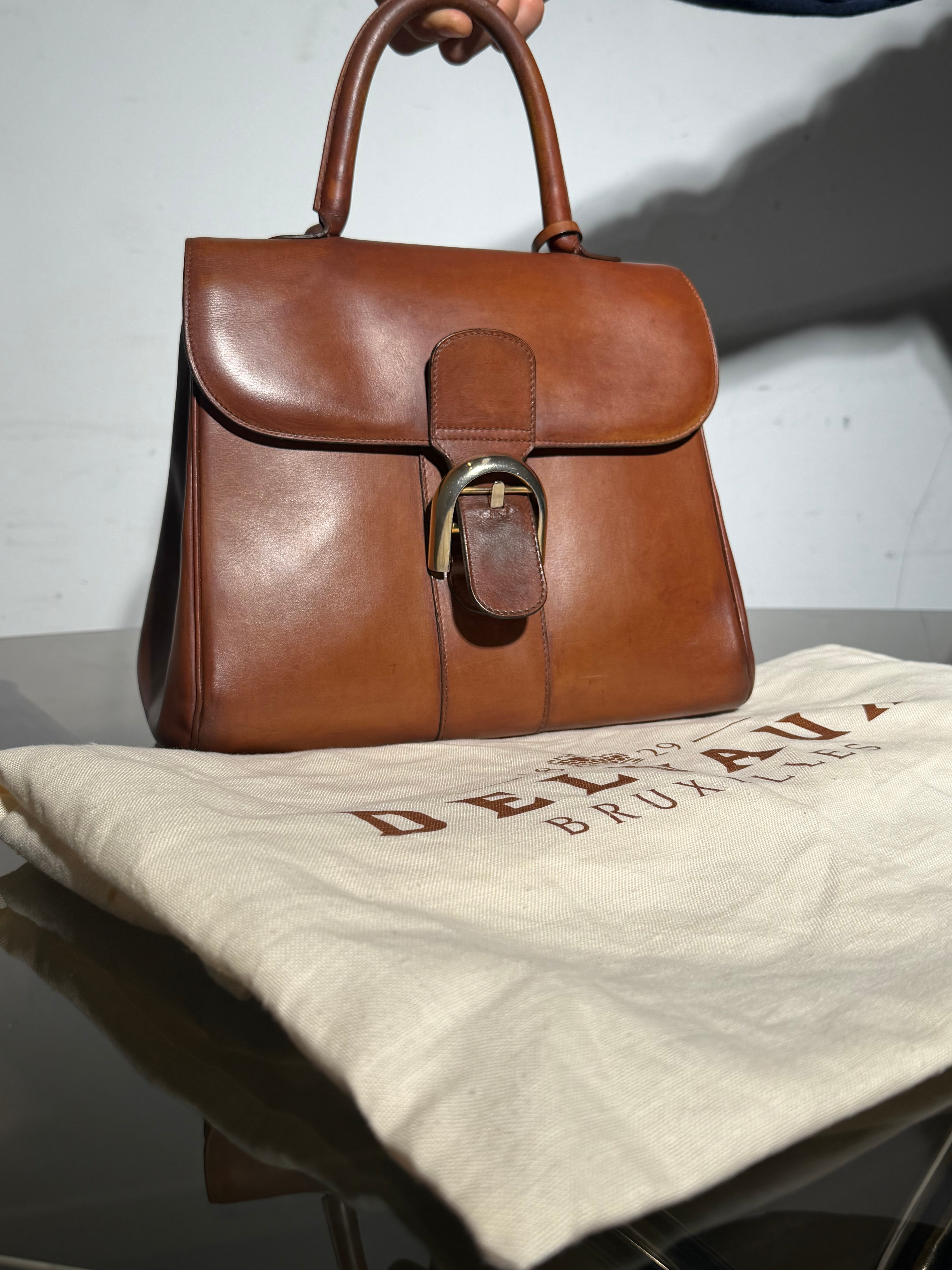 Delvaux Brillant MM Handbag Cognac Brown Leather With Mirror & Dustbag