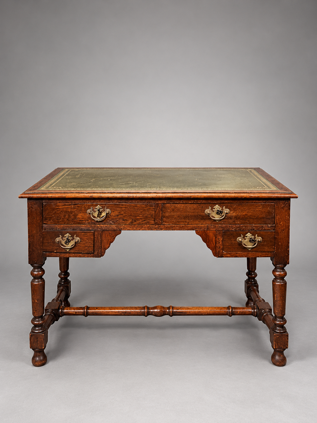 Antique Oak Writing Desk with Green Leather Top and Four Drawers