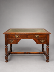 Antique Oak Writing Desk with Green Leather Top and Four Drawers