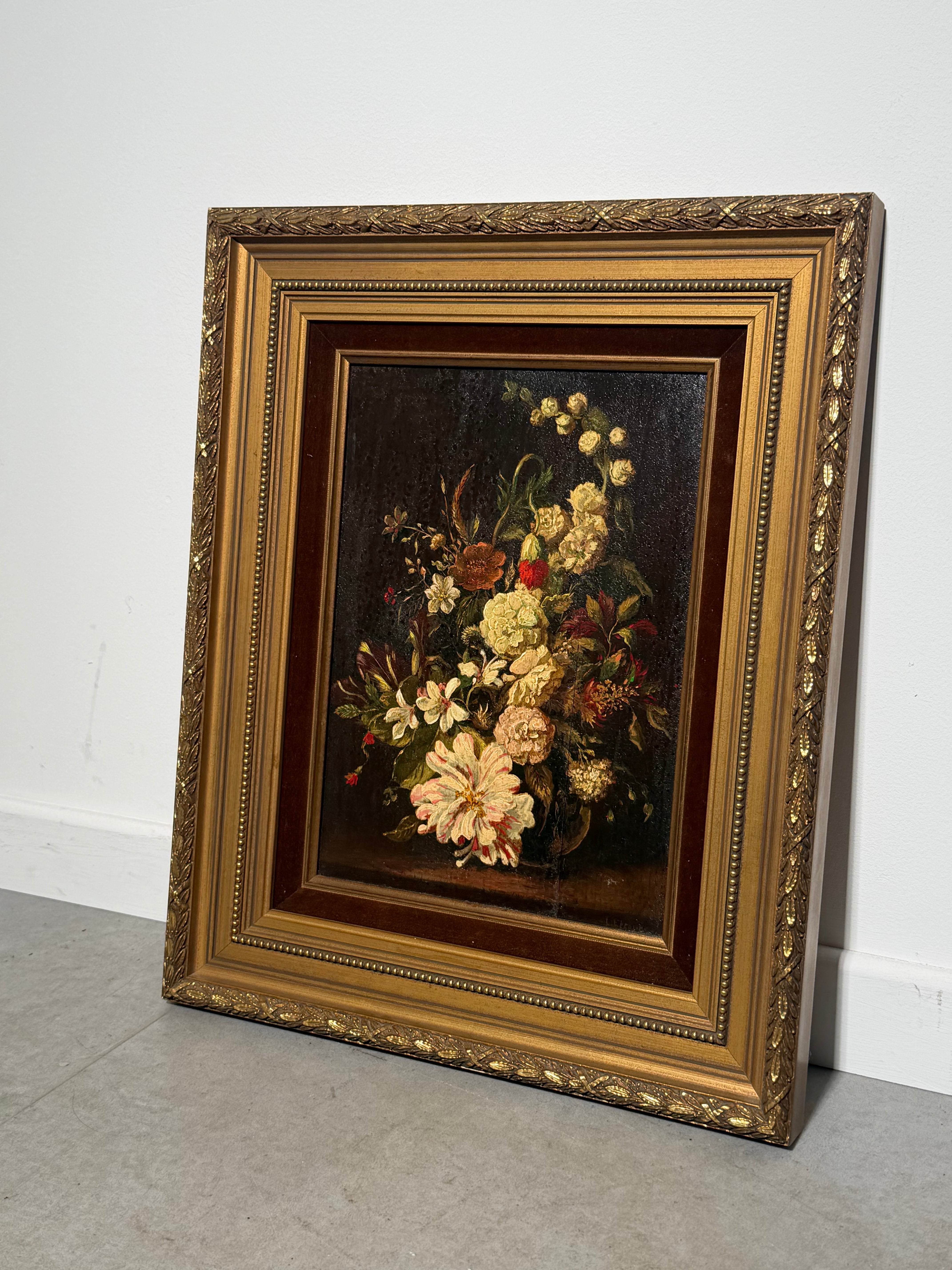 Antique French School Floral Still Life – Oil on Panel – Signed Letour