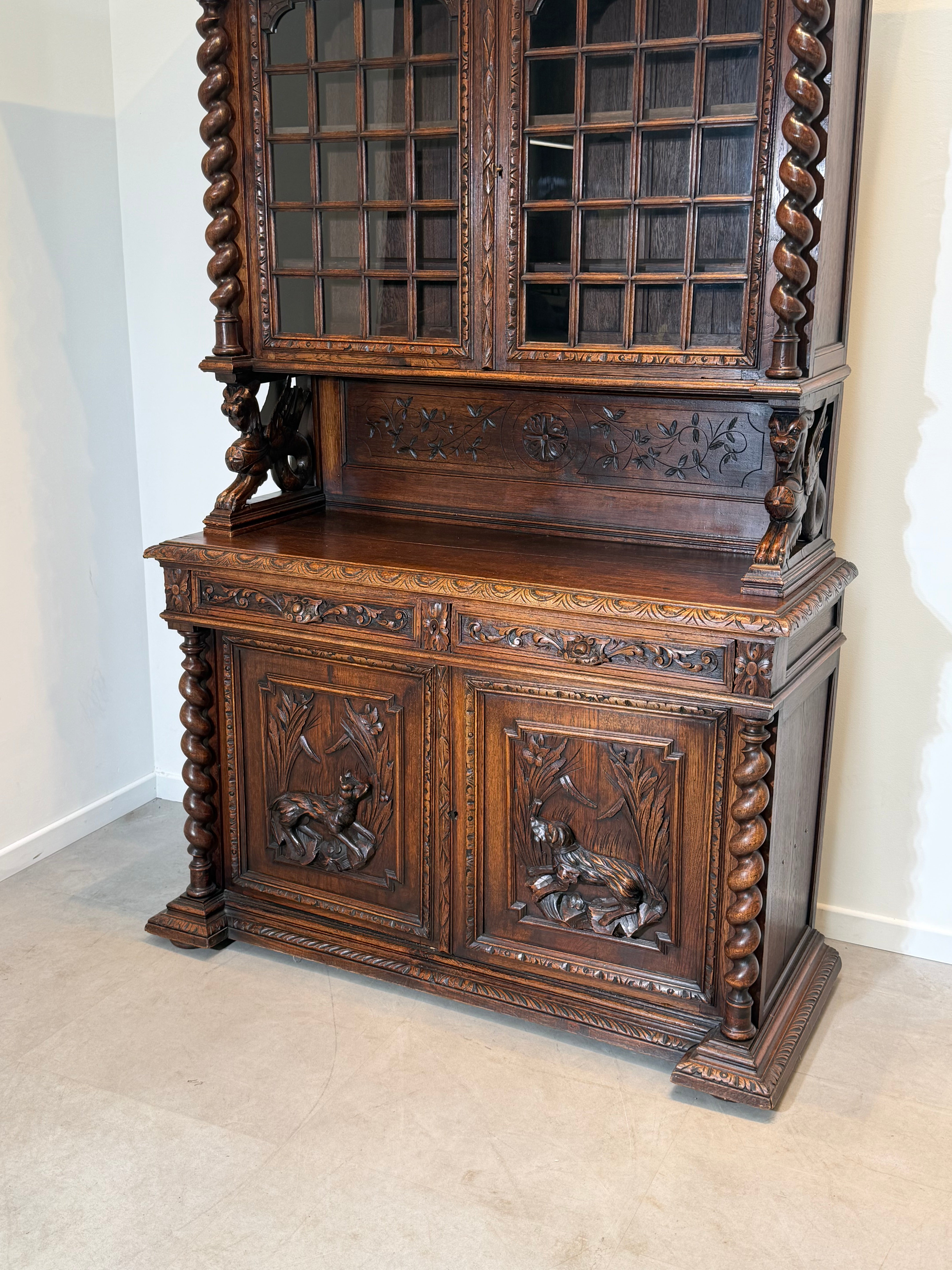 Antique Carved Oak Display Cabinet with Barley Twist Columns