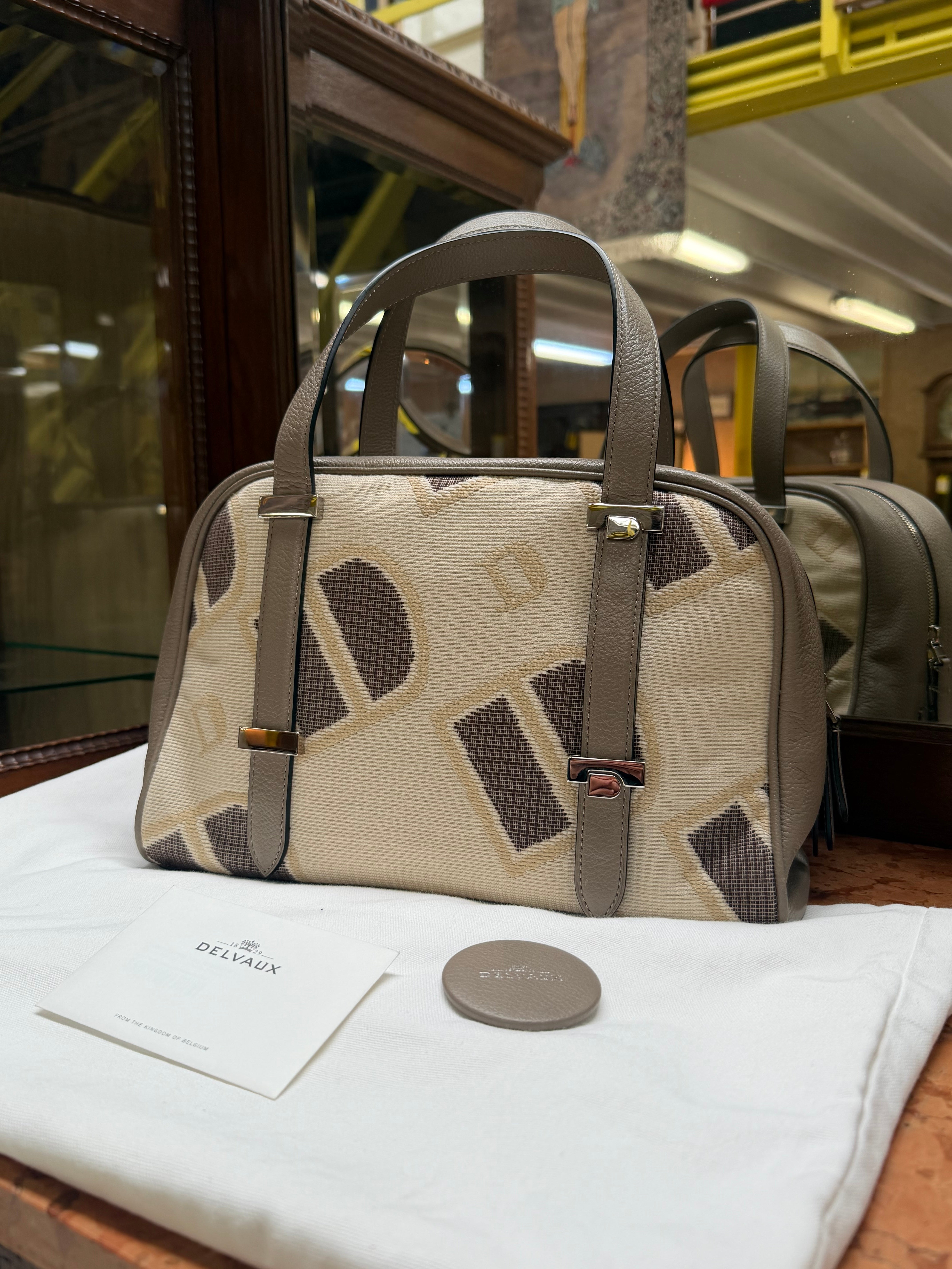 Delvaux Carry-All Mini Toile Logotypée D Travel Tourterelle – New with Certificate, Dust Bag & Mirror