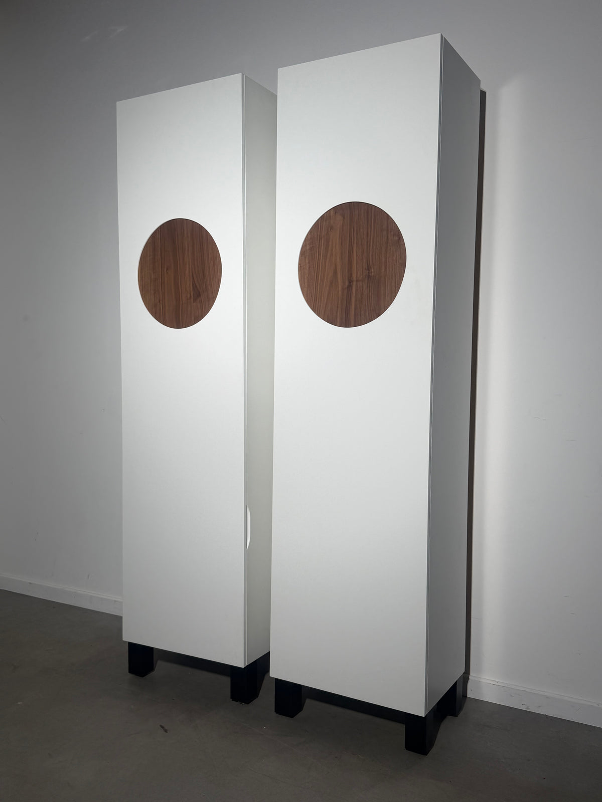 Pair of Contemporary White Wardrobes with Walnut Circular Detail