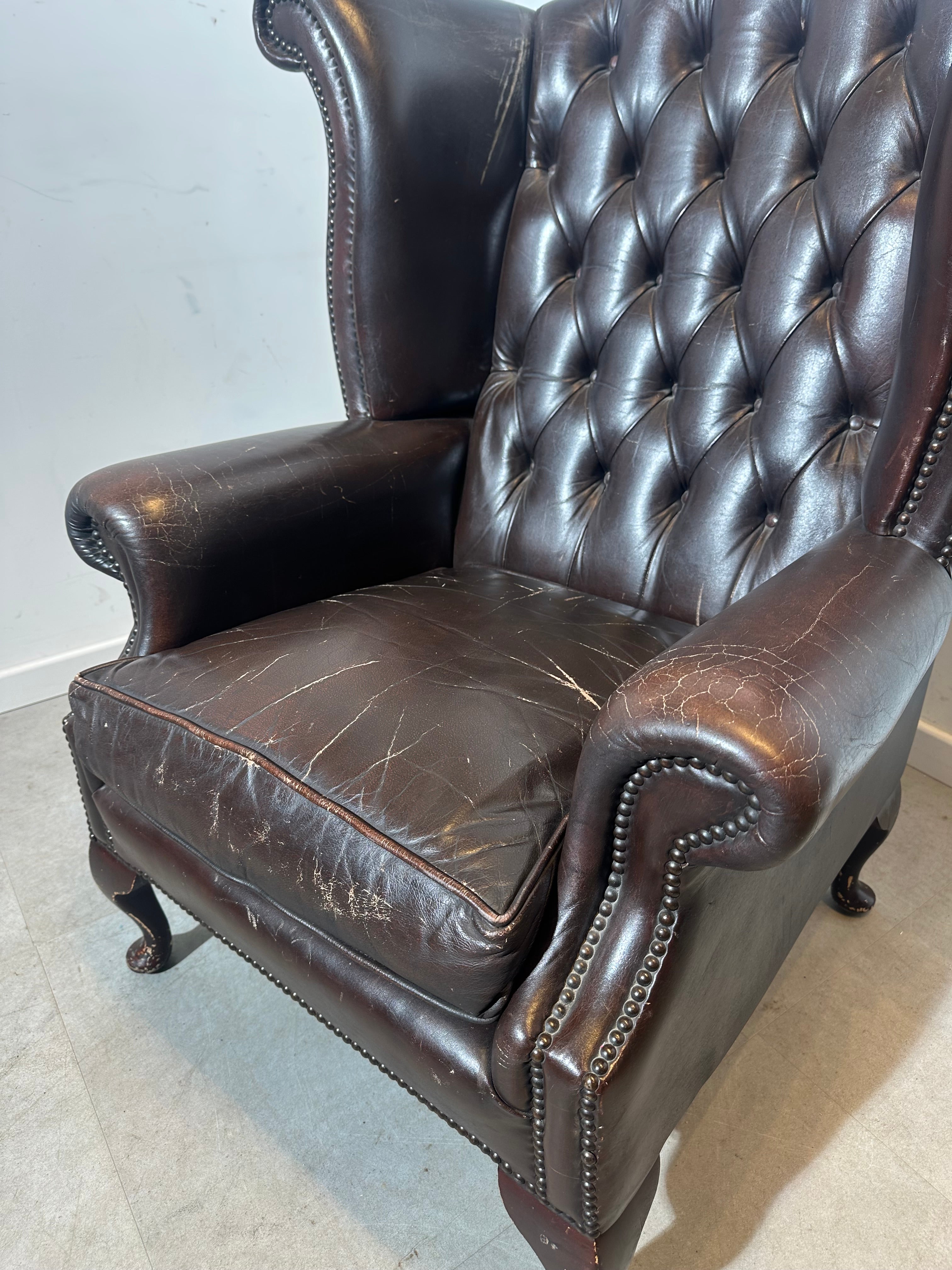 Vintage Brown Leather Wingback Armchair