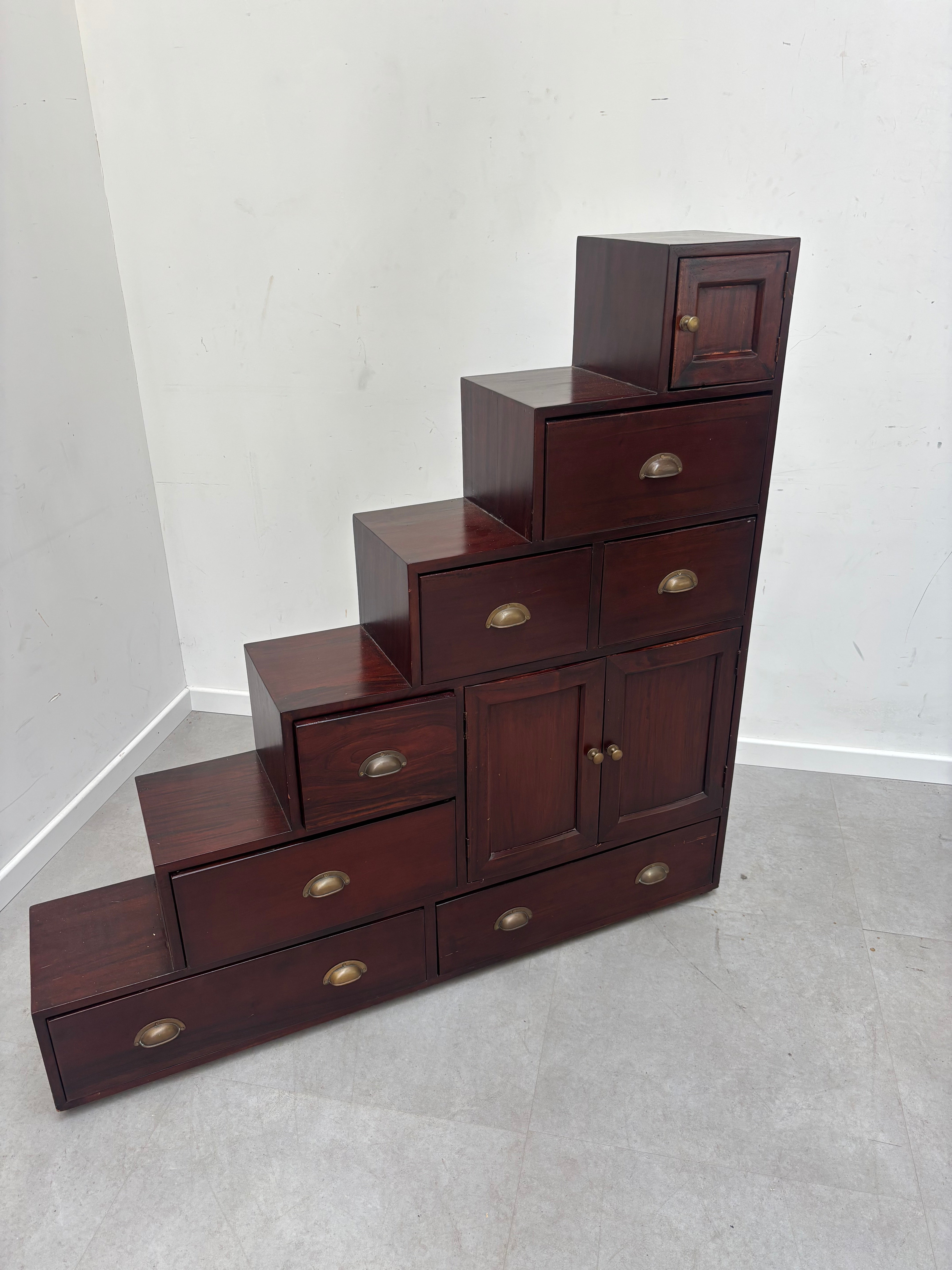 Antique Elm Wood Step Tansu Storage Cabinet