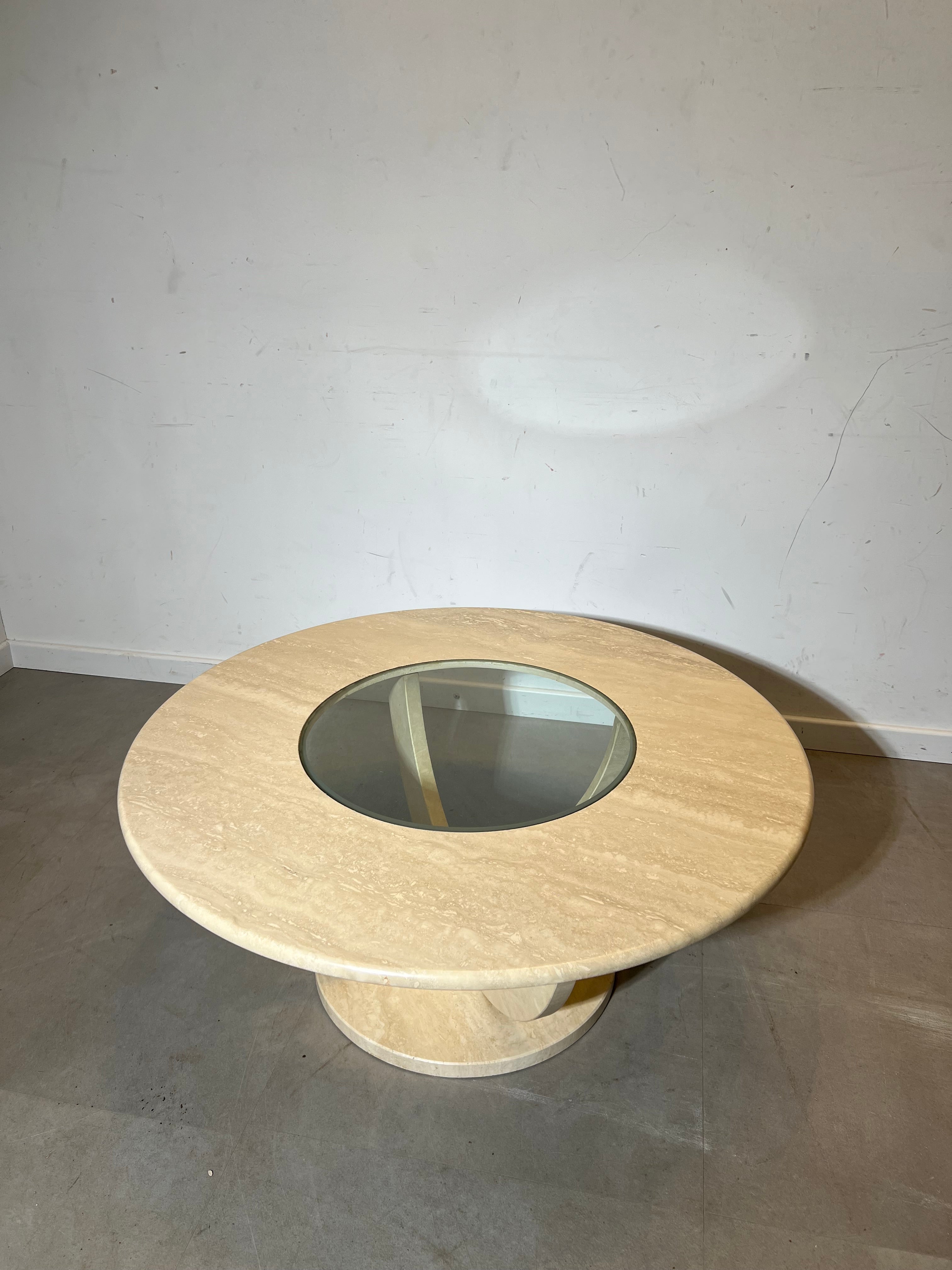 Vintage travertine coffee table with glass centre