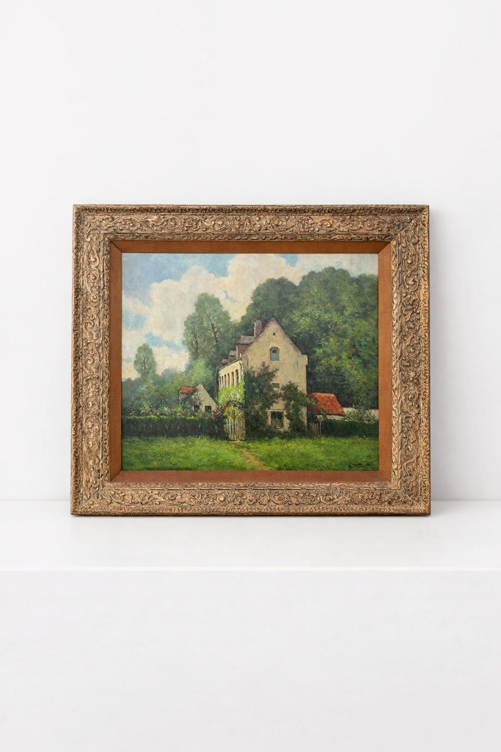 Antique Oil on Canvas Painting by Wuest – Countryside House Scene – 110 x 96 cm