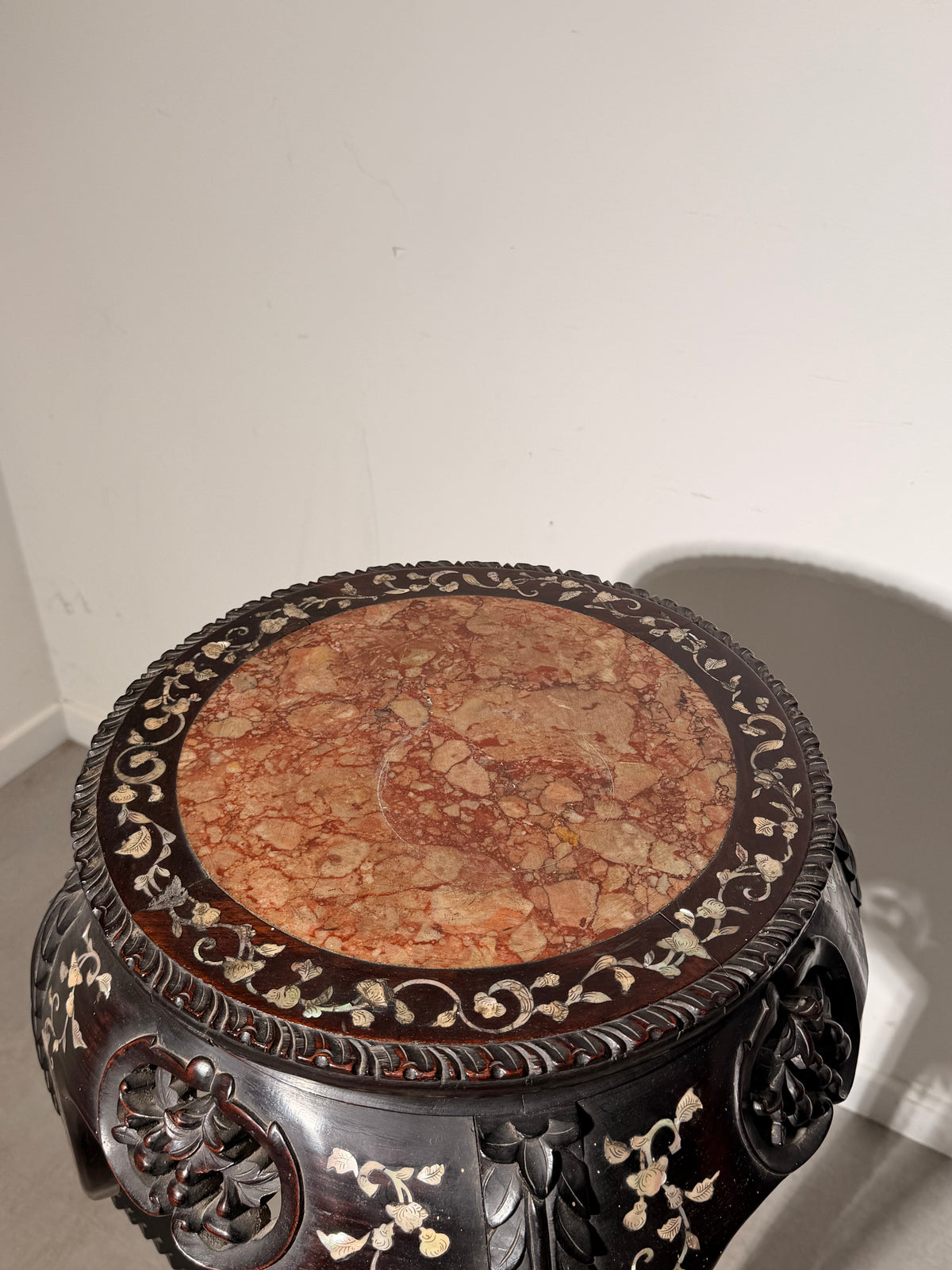 Antique Chinese Carved Hardwood Plant Stand with Marble Top
