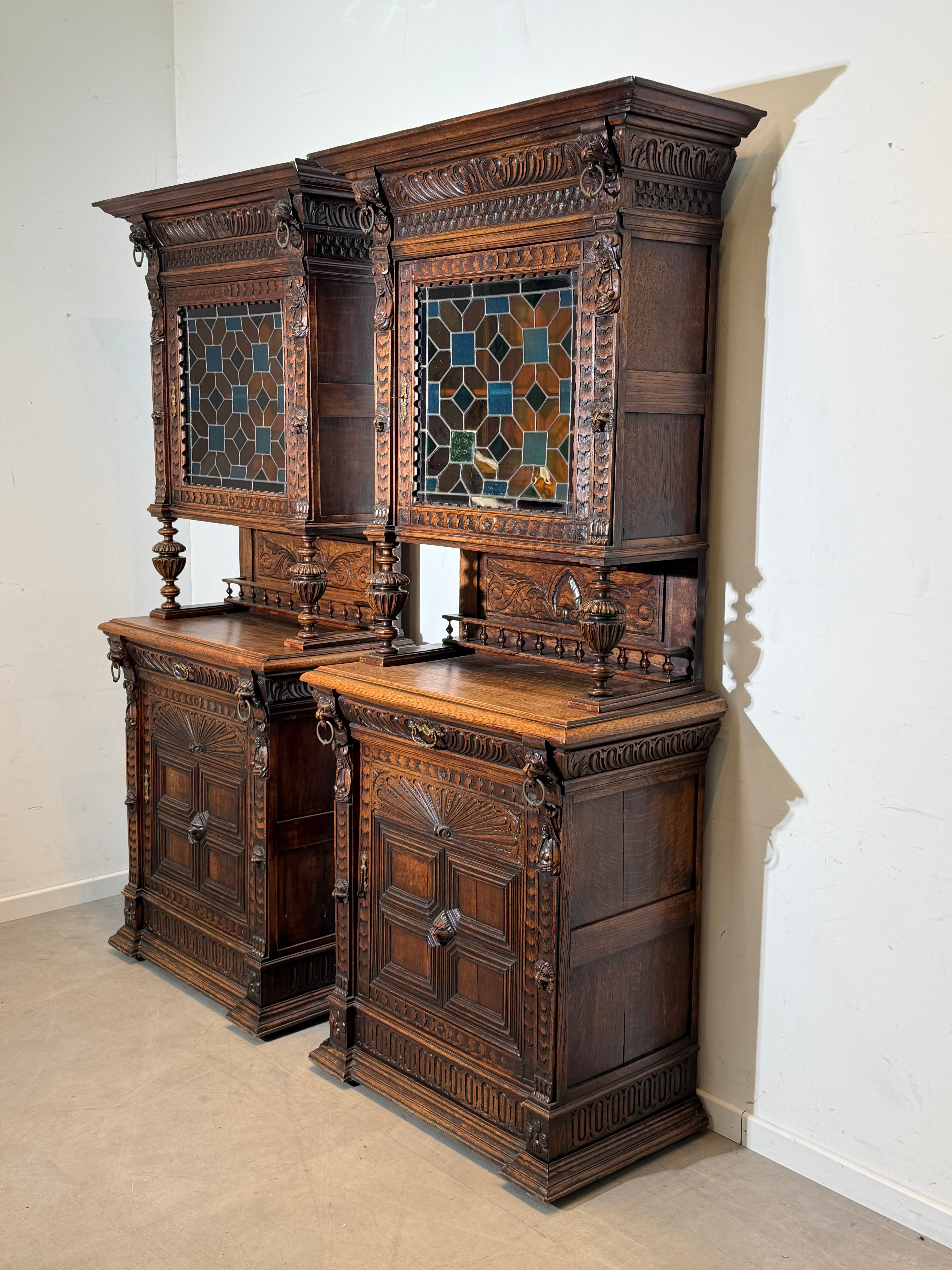 Pair Of Antique Neo-Renaissance Oak Display Cabinets with Stained Glass
