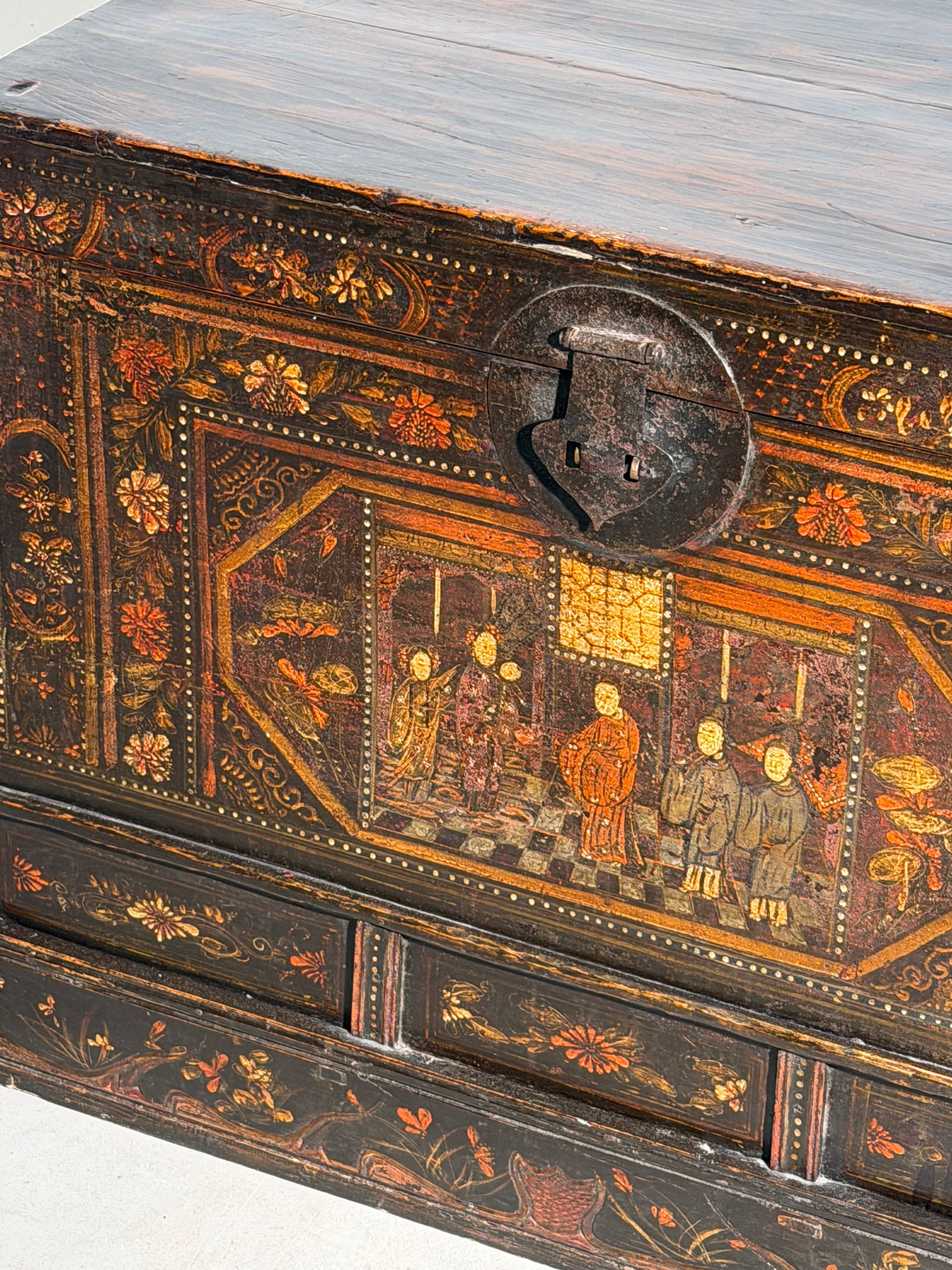Antique Hand-Painted Wooden Chest – Oriental Scene – Storage Trunk
