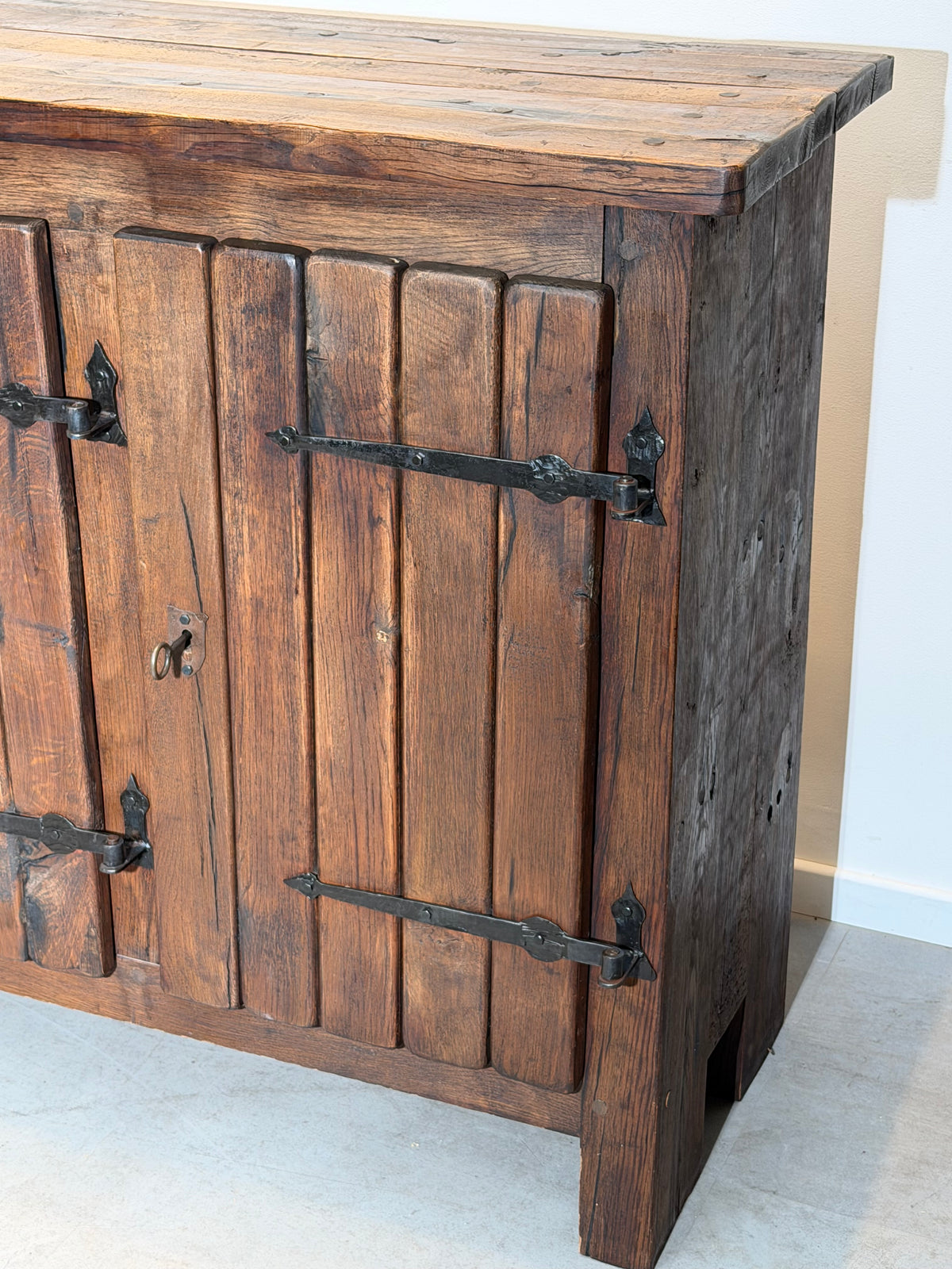 Large Brutalist Solid Wood Sideboard with Hand-Forged Iron Hardware