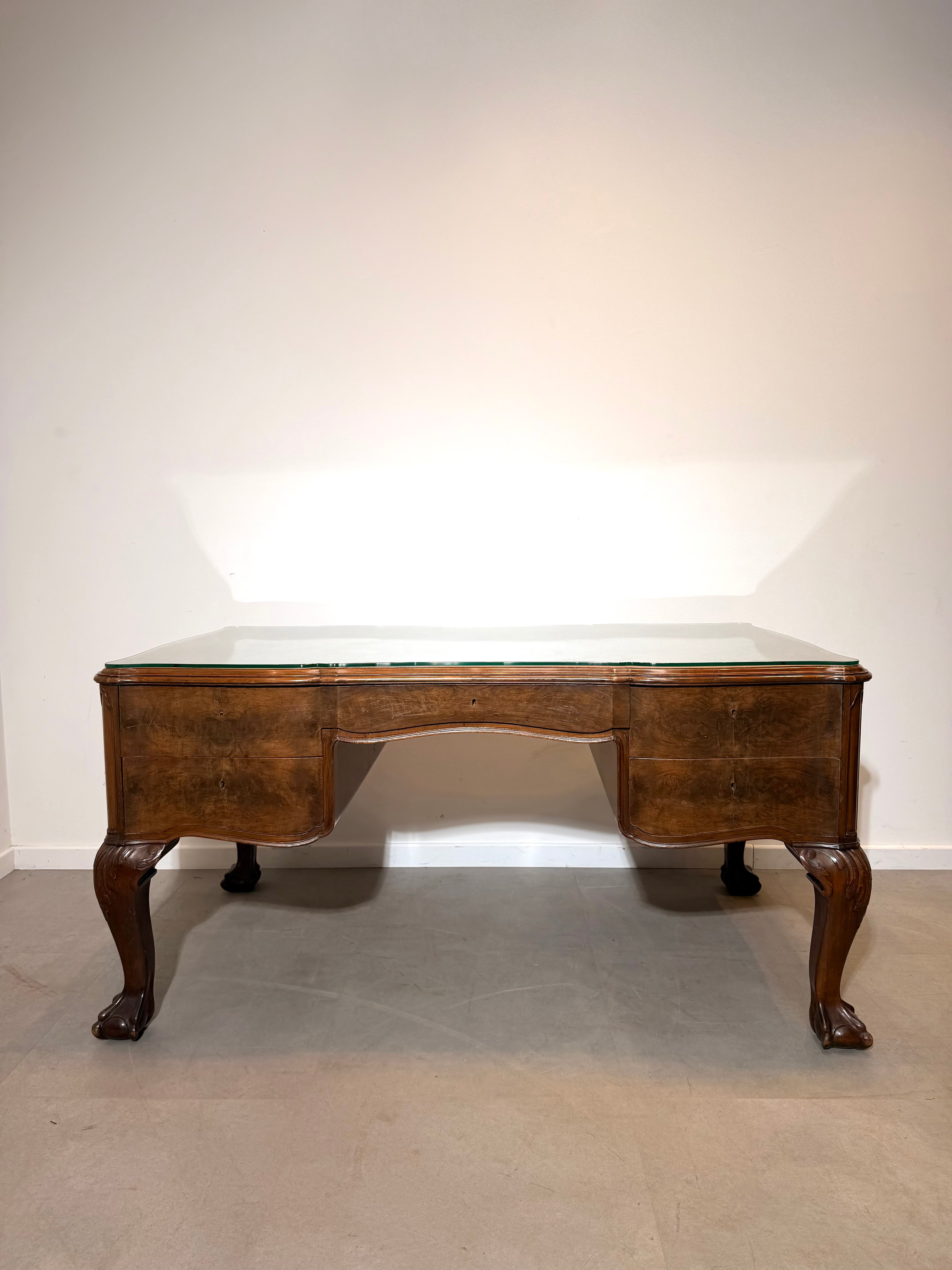 Antique Burr Walnut Partner’s Desk with Glass Top "chippendale"