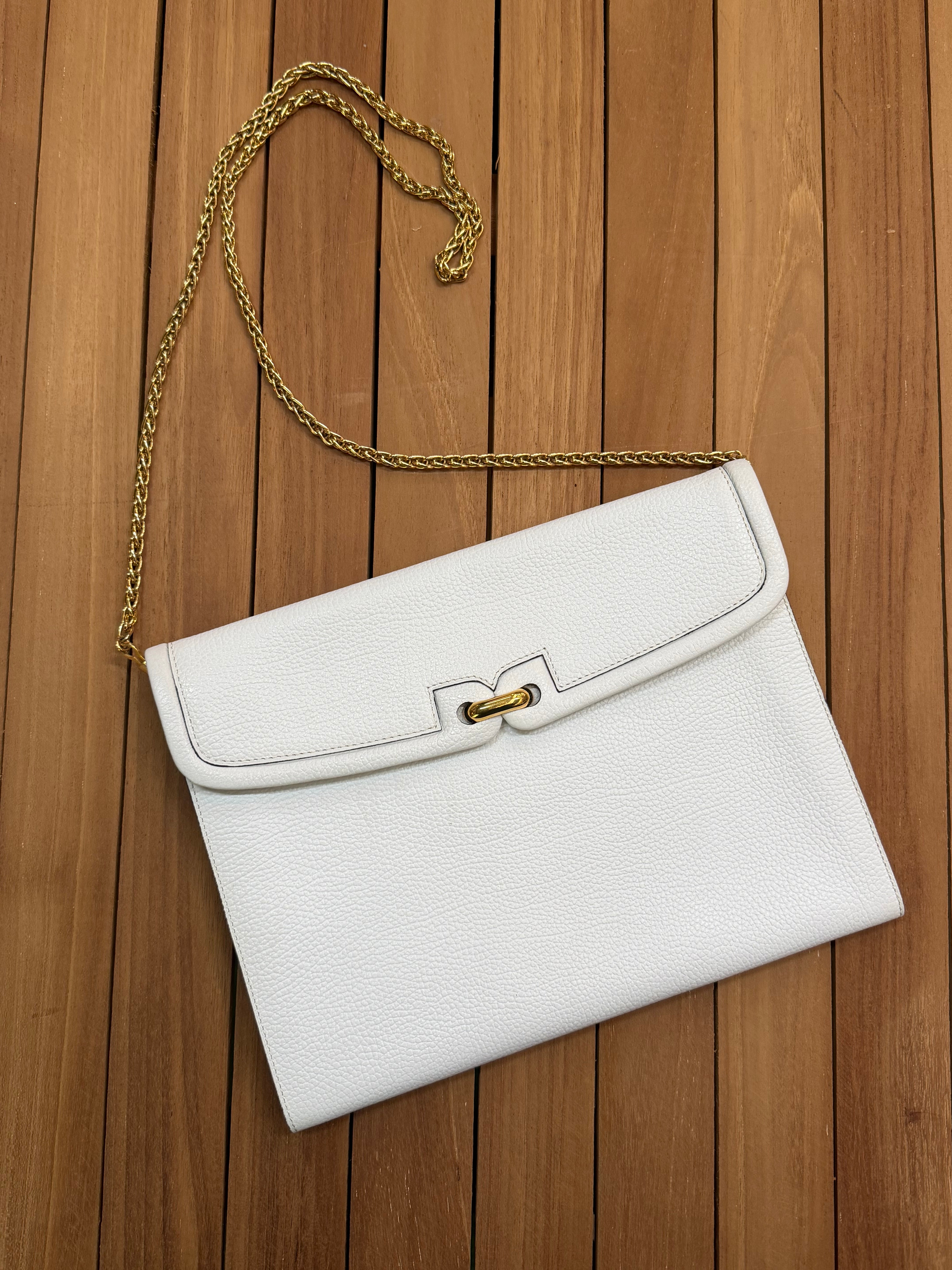 Vintage Delvaux White Leather Clutch Bag with Chain Strap