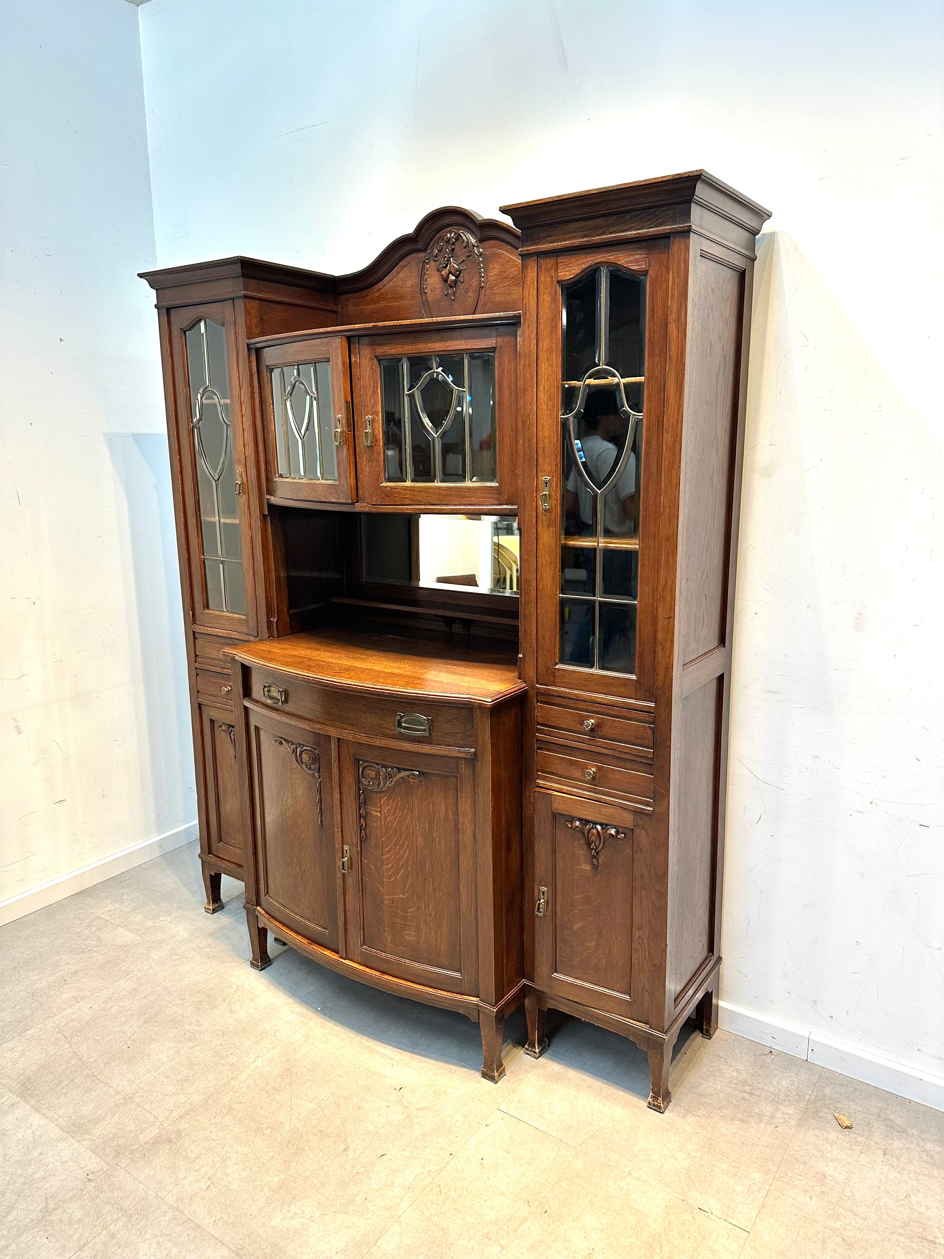 Art Nouveau Oak Buffet with Leaded Glass Doors