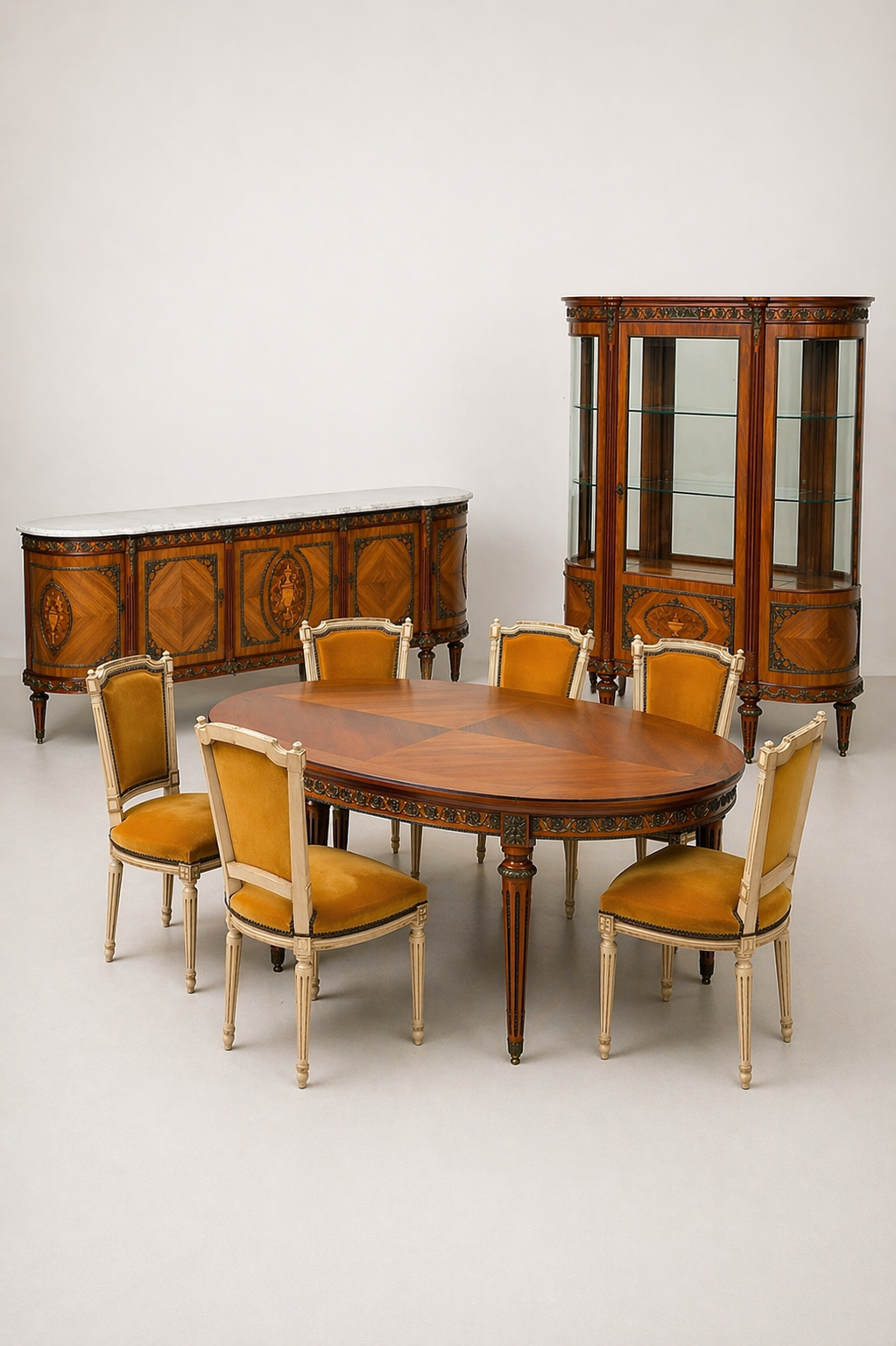 JP Ehalt Louis XVI Style Dining Set – Table, 6 Chairs, Sideboard & Vitrine – Marquetry & Bronze Details