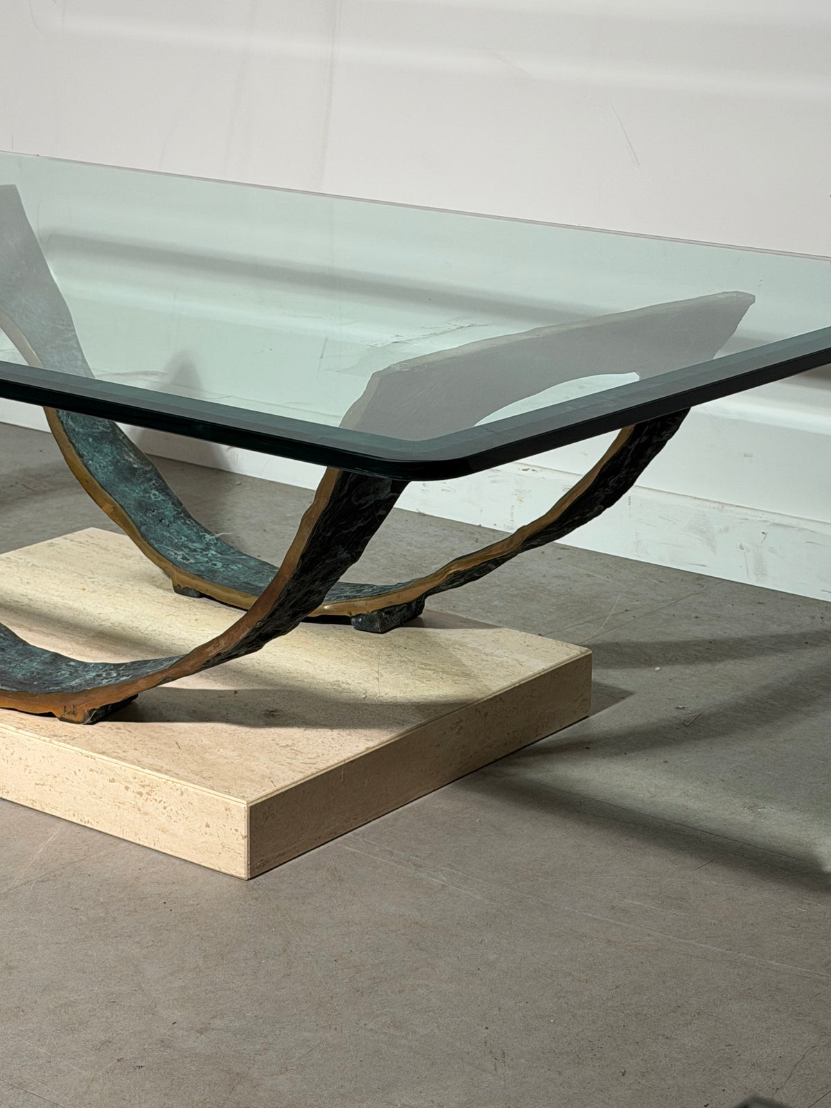 Brutalist Coffee Table in Bronze, Travertine & Glass — 130 cm