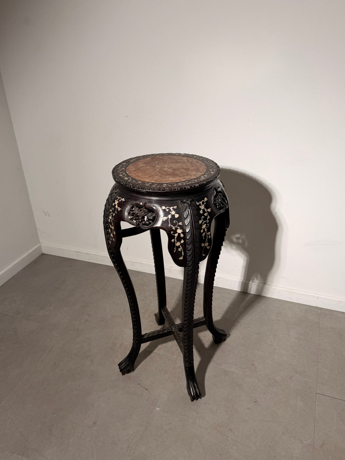 Antique Chinese Carved Hardwood Plant Stand with Marble Top