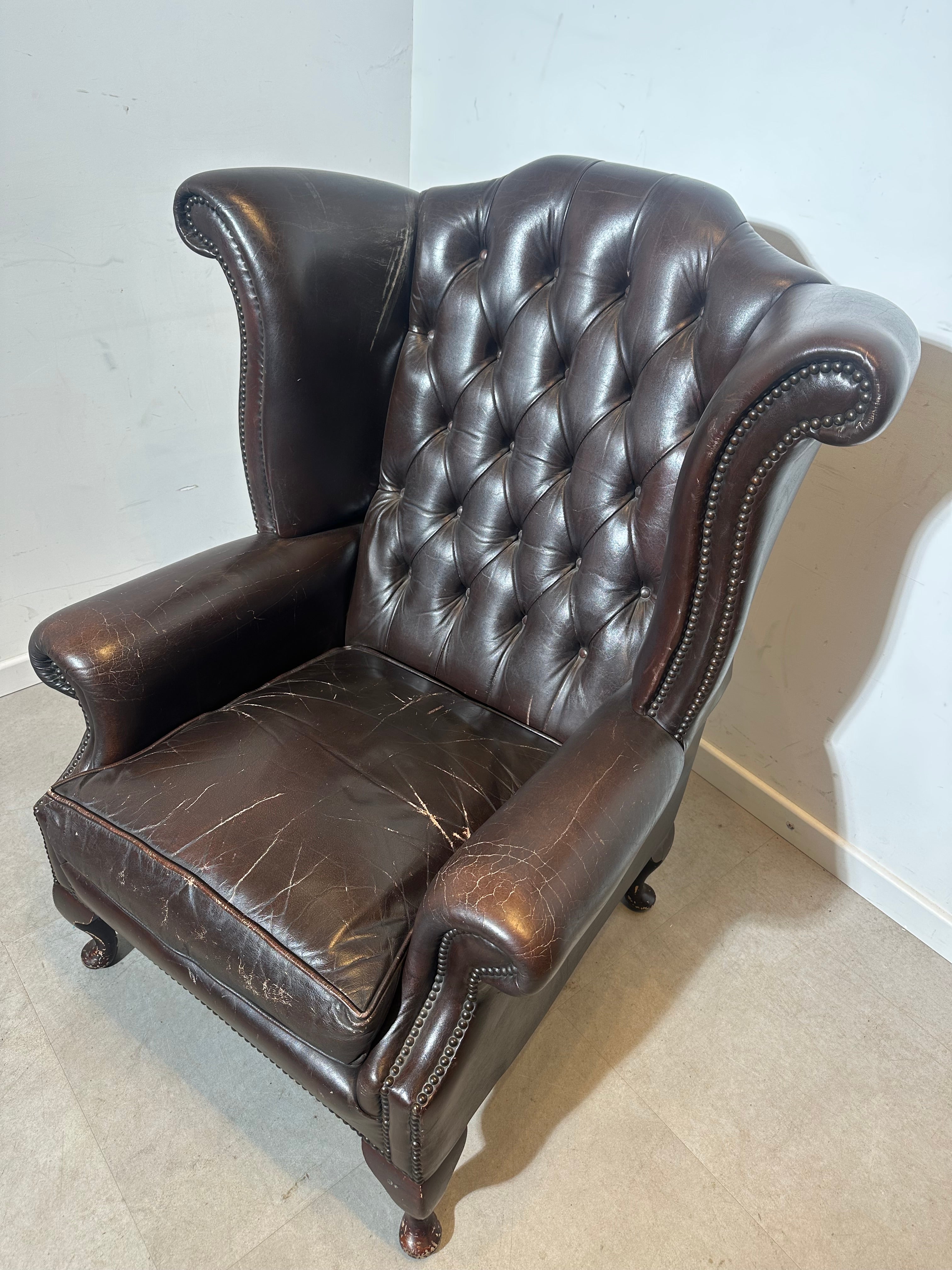 Vintage Brown Leather Wingback Armchair